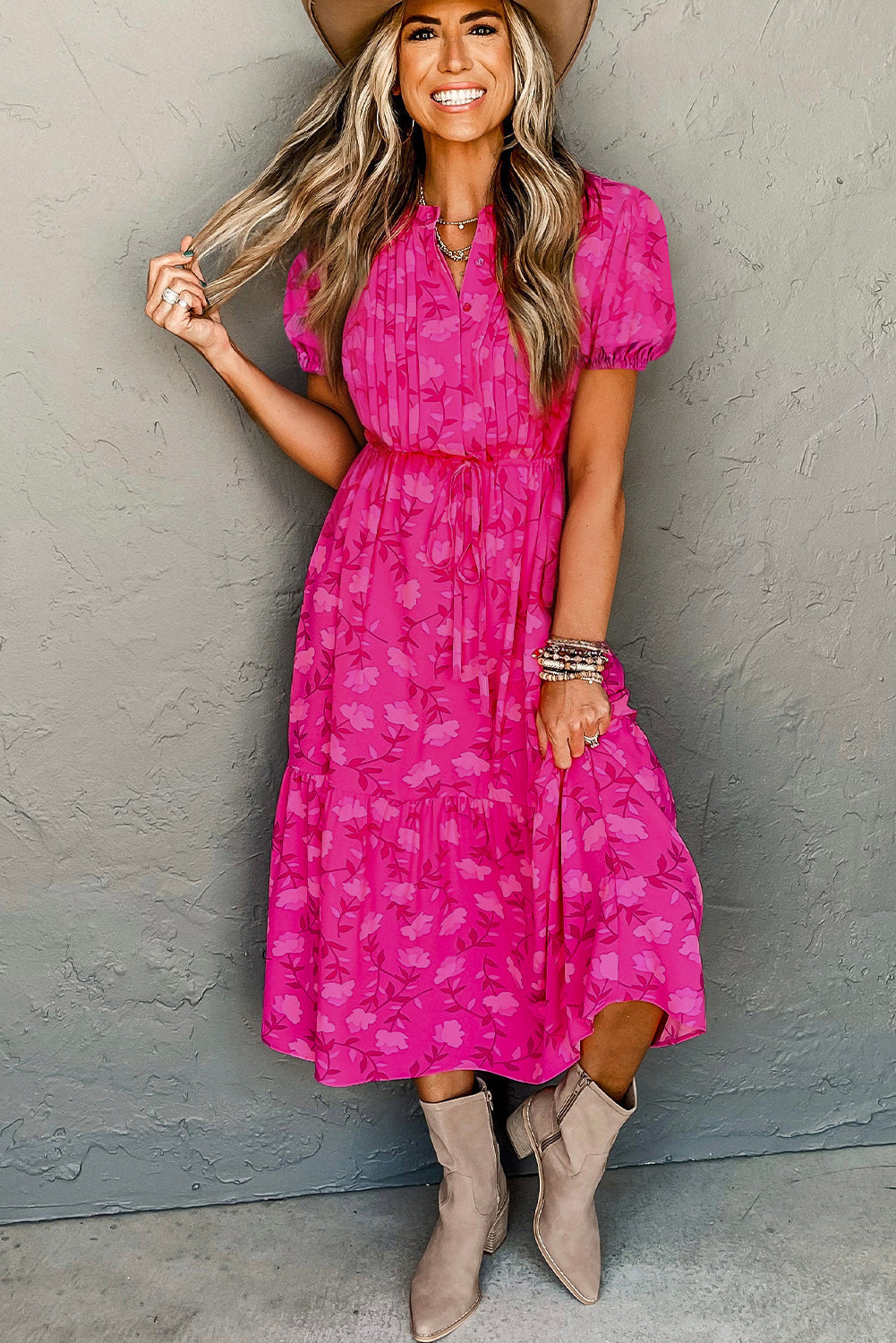 Rose Red Floral Print Pleated Drawstring Flowy Midi Dress eAura