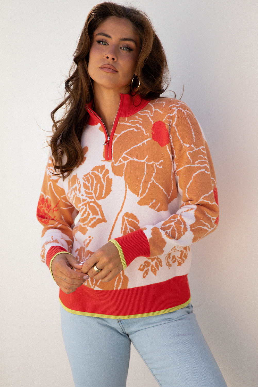 Floral Half Zip Collared Pullover Sweater - eAura