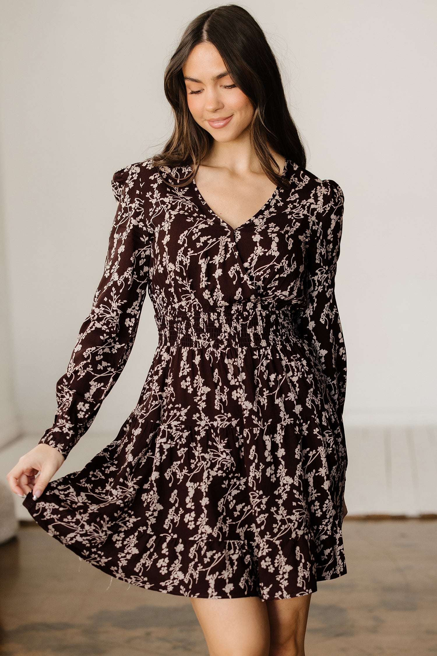 Ditsy Floral Print Split Neck Long Sleeve Shirred Waist Flared Mini Dress - Dresses/Mini Dresses