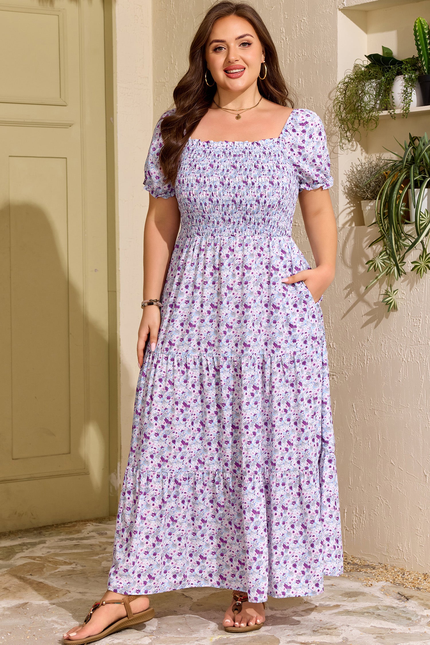 Plus Size Floral Print Square Neck Smocked Maxi Dress – Purple