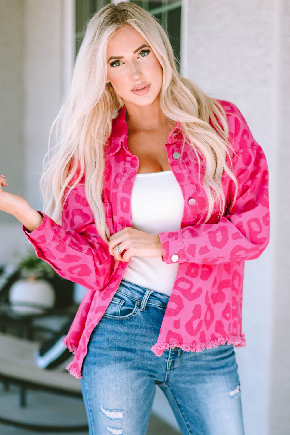 Pink Leopard Print Button Cuffs Raw Hem Jacket Beagle Boutique Fashion Outlet