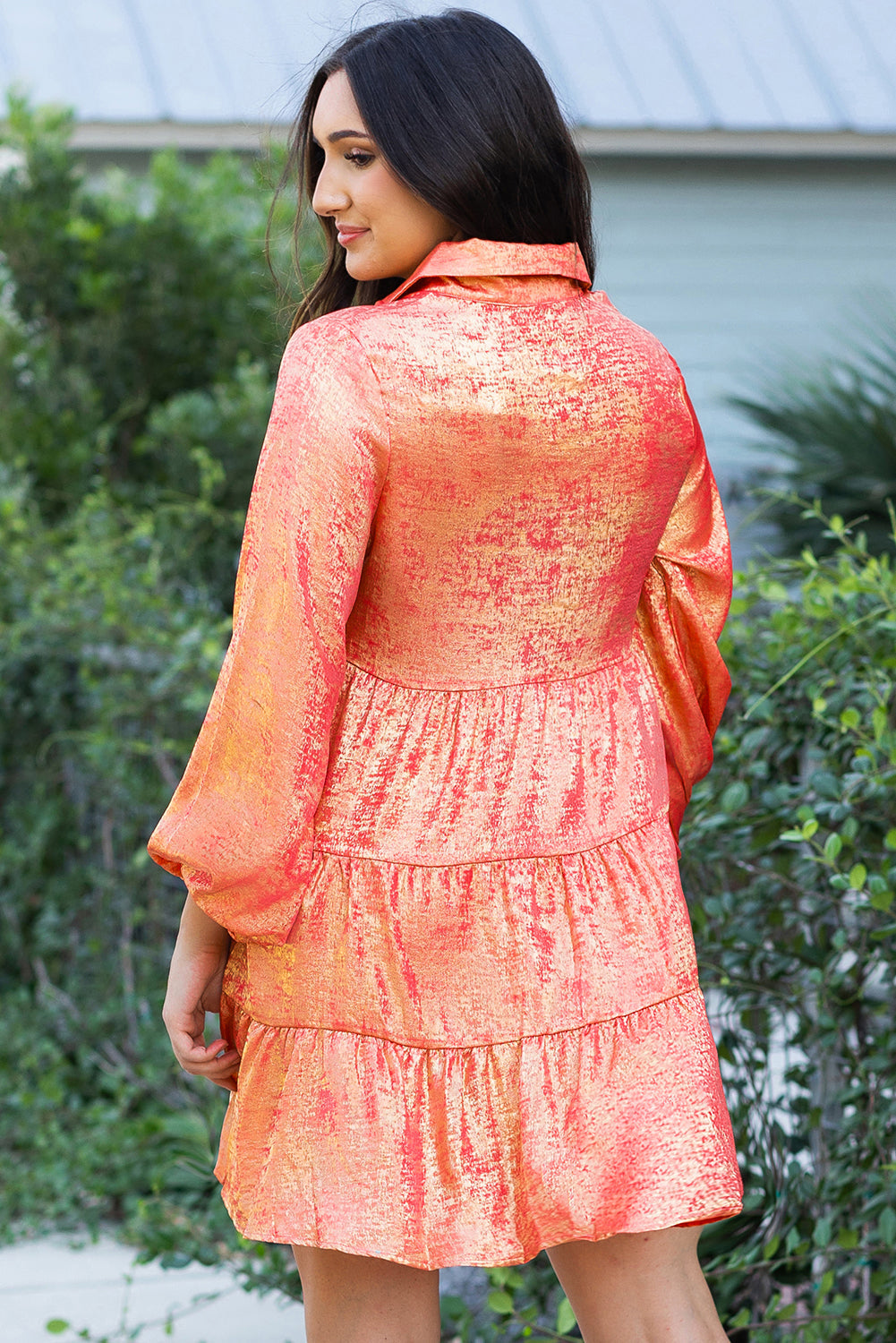 Peach Blossom Metallic Sheen Puff Sleeve Button Up Mini Shirt Dress eAura