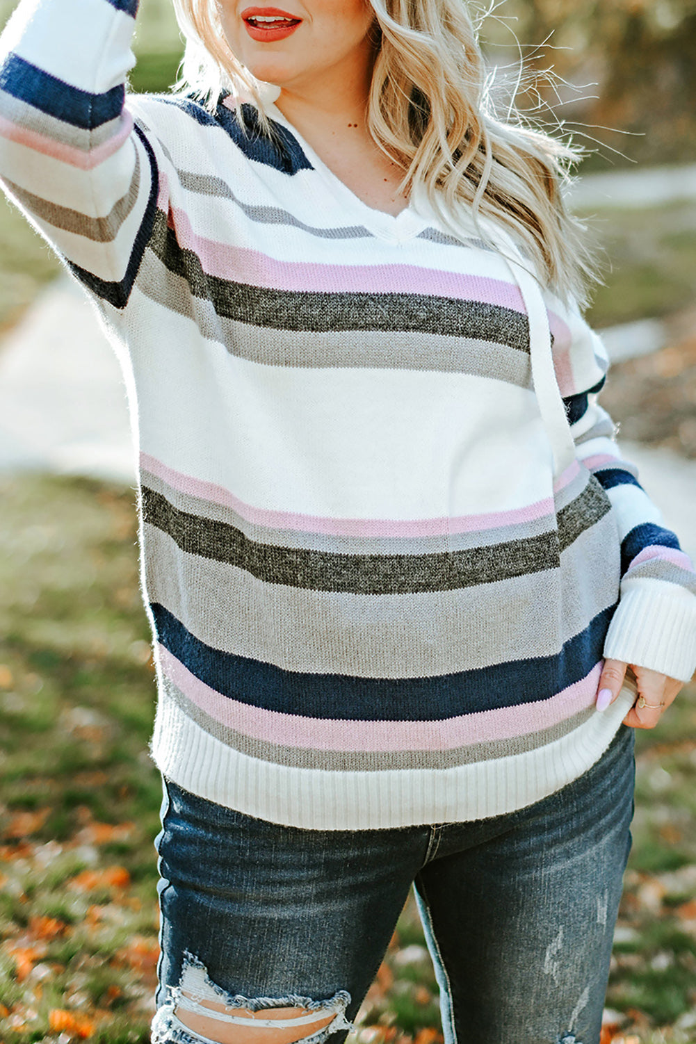 Stripe Plus Size Striped Hooded Knit Sweater BB Fashion Outlet