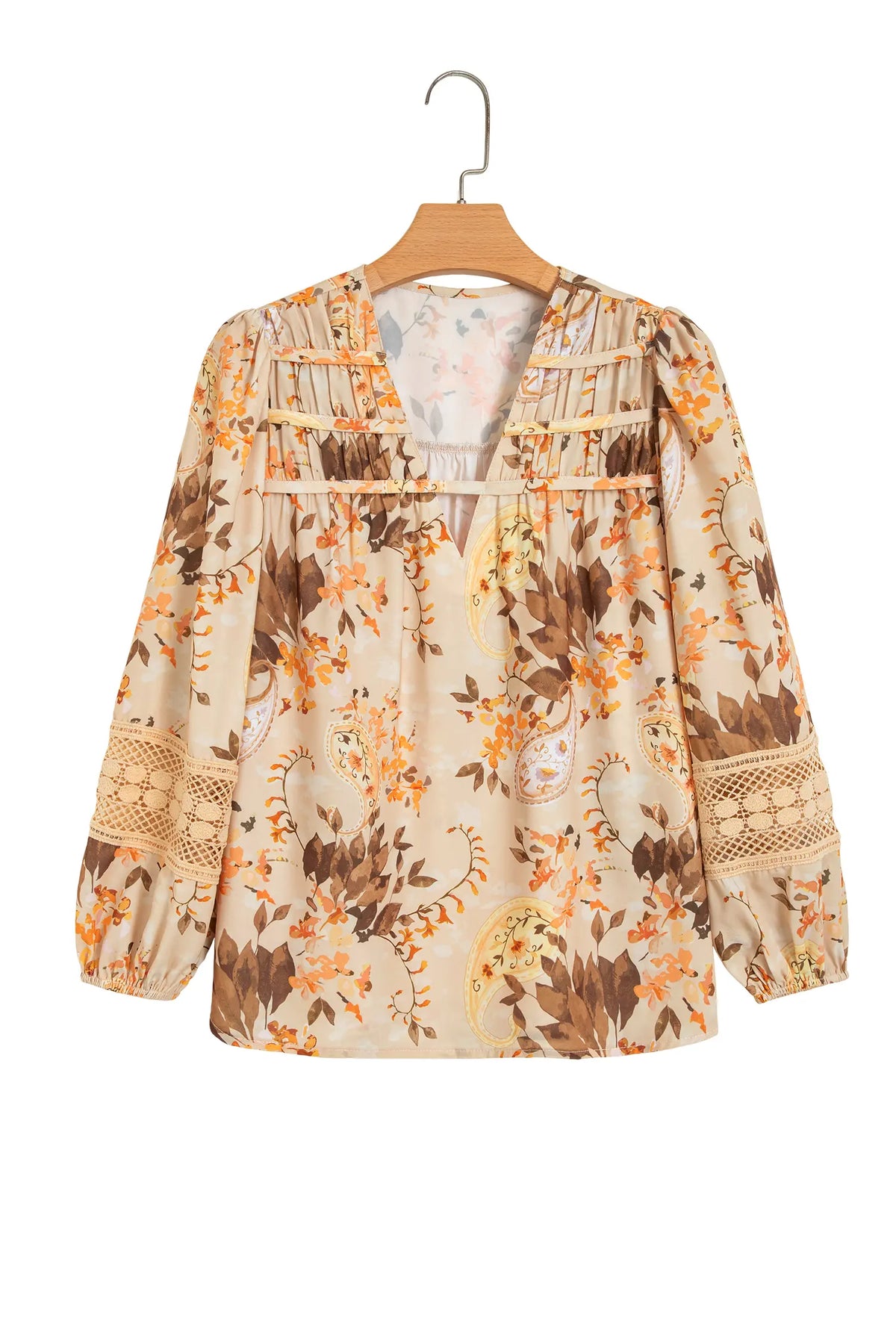 Paisley Print Decorative Binding Tape V Neck Shift Blouse – Khaki