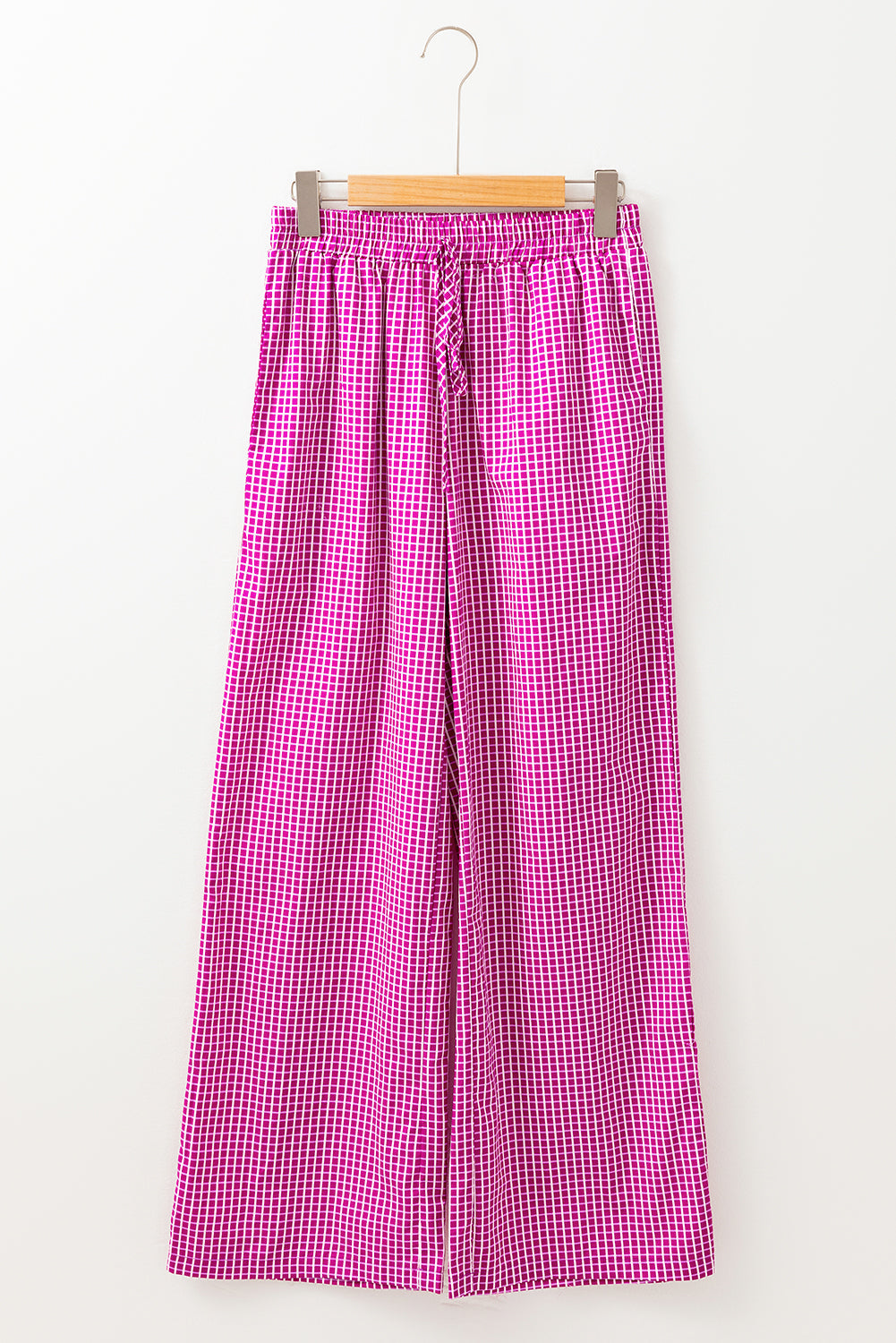 Pink Plaid Print Drawstring High Waist Wide Leg Casual Trousers Beagle Boutique Fashion Outlet