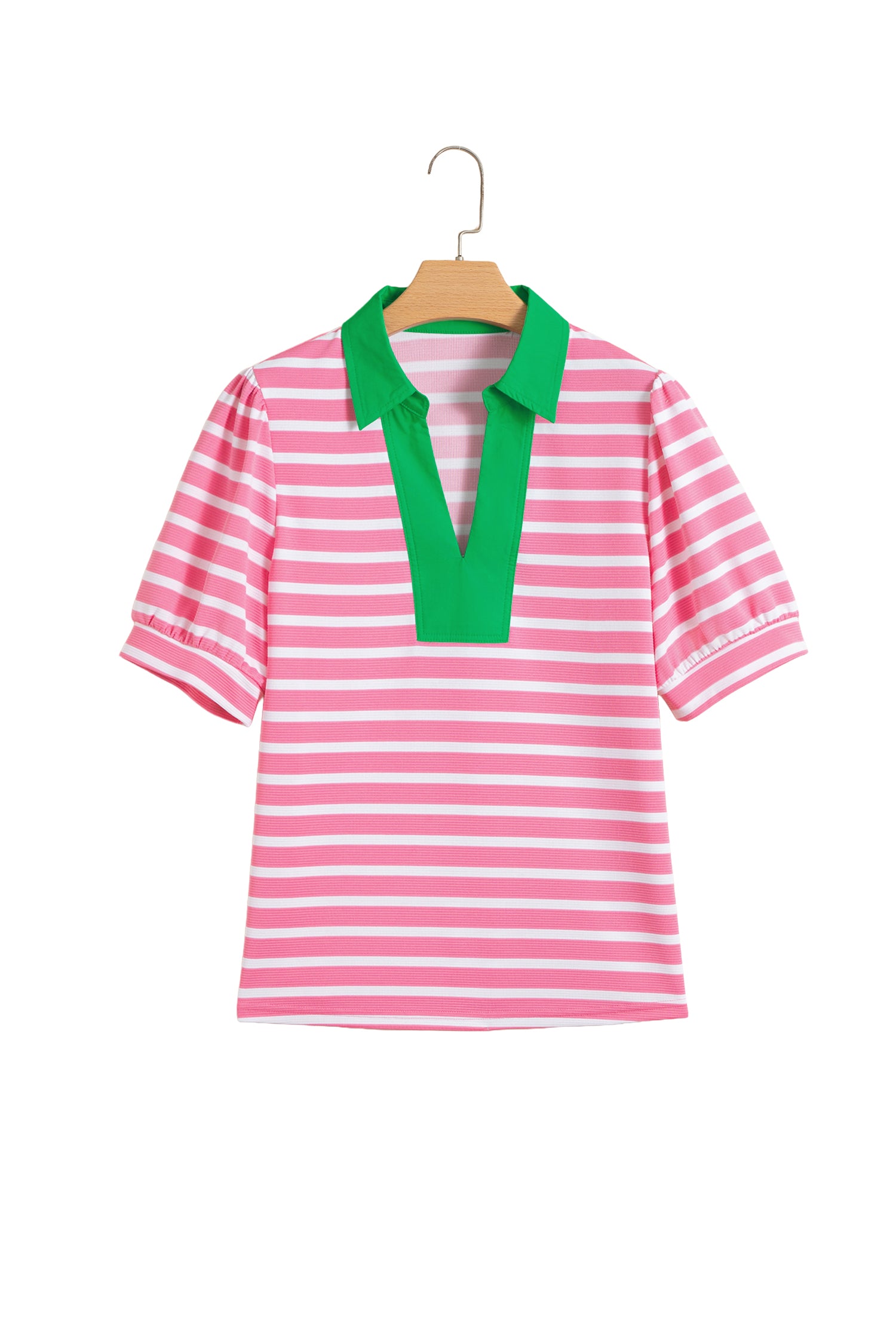 Short Puff Sleeve Color Block Polo Collar Blouse – Pink Stripe
