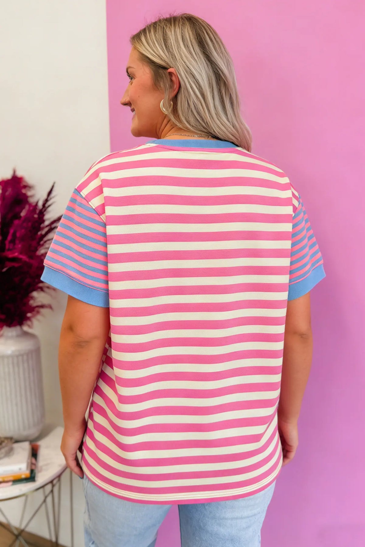 Contrast Patchwork Short Sleeve Loose Tee – Pink Stripe