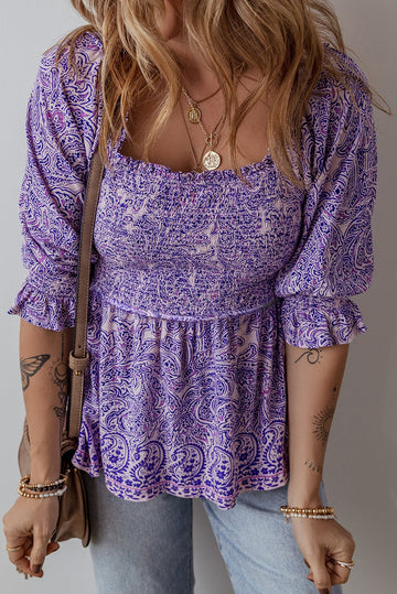 Purple Boho Paisley Print Half Sleeve Shirred Peplum Blouse - eAura