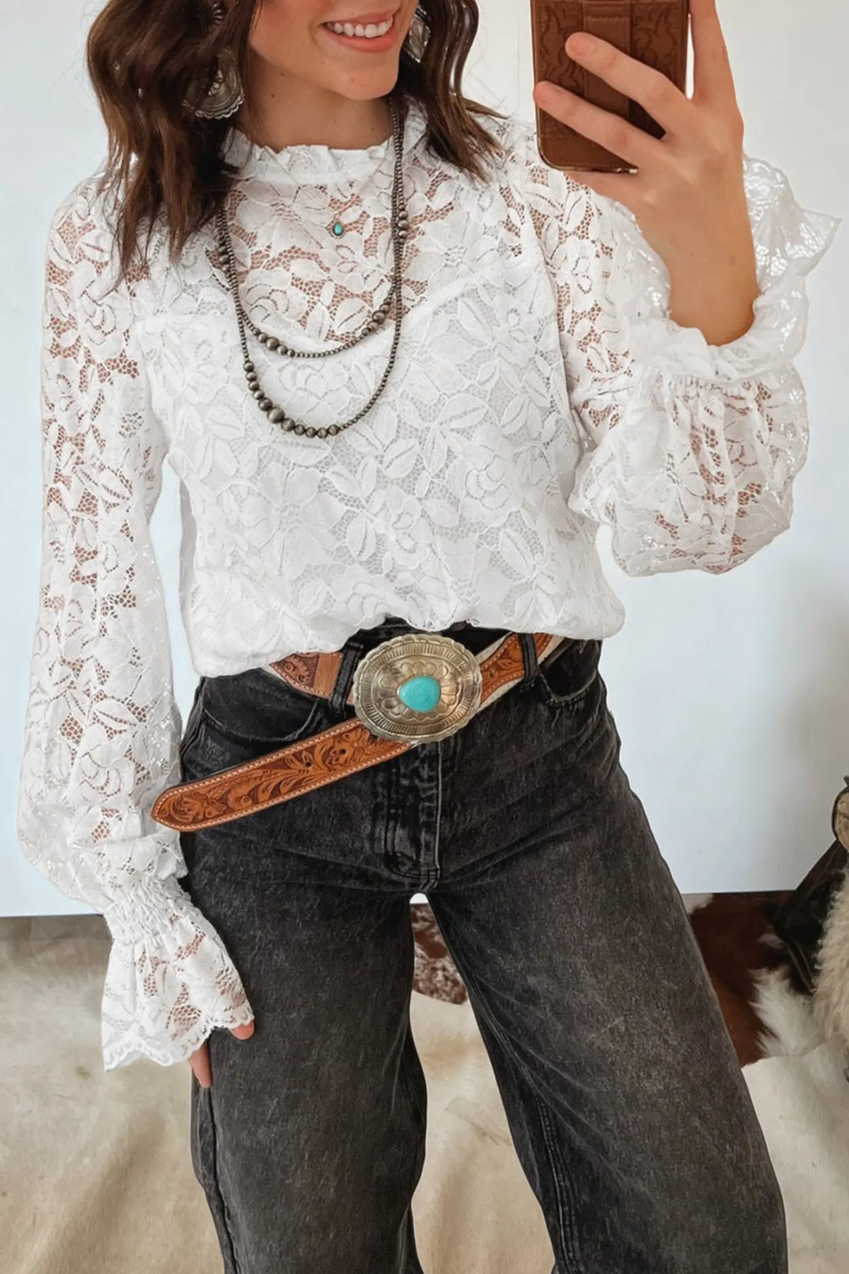 Ruffled Round Neck Long Flounce Sleeve Sheer Lace Blouse – White