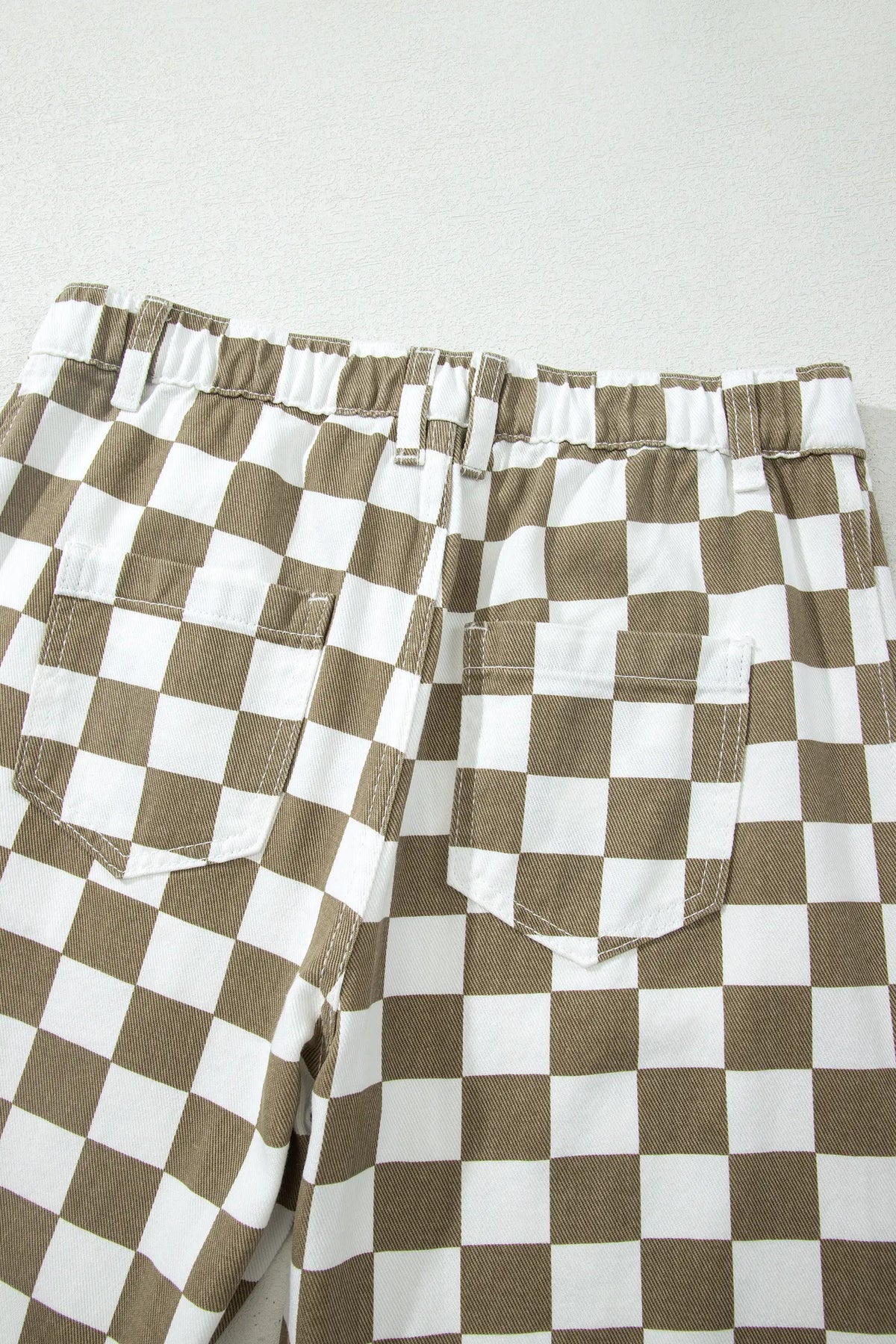 Checkered Print Denim Barrel Pants – White