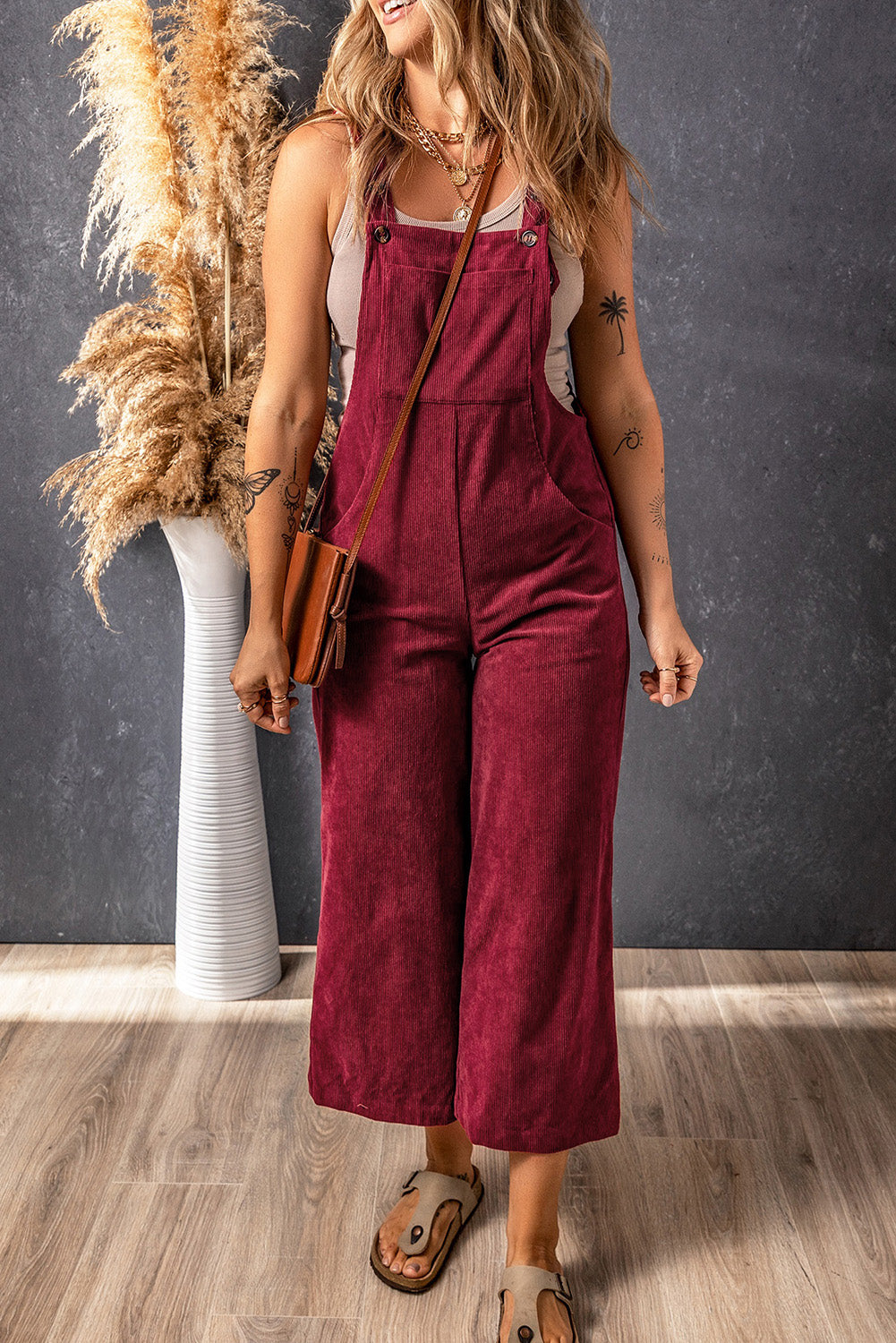 Solid Color Ribbed Wide Leg Bib Overalls – Brown