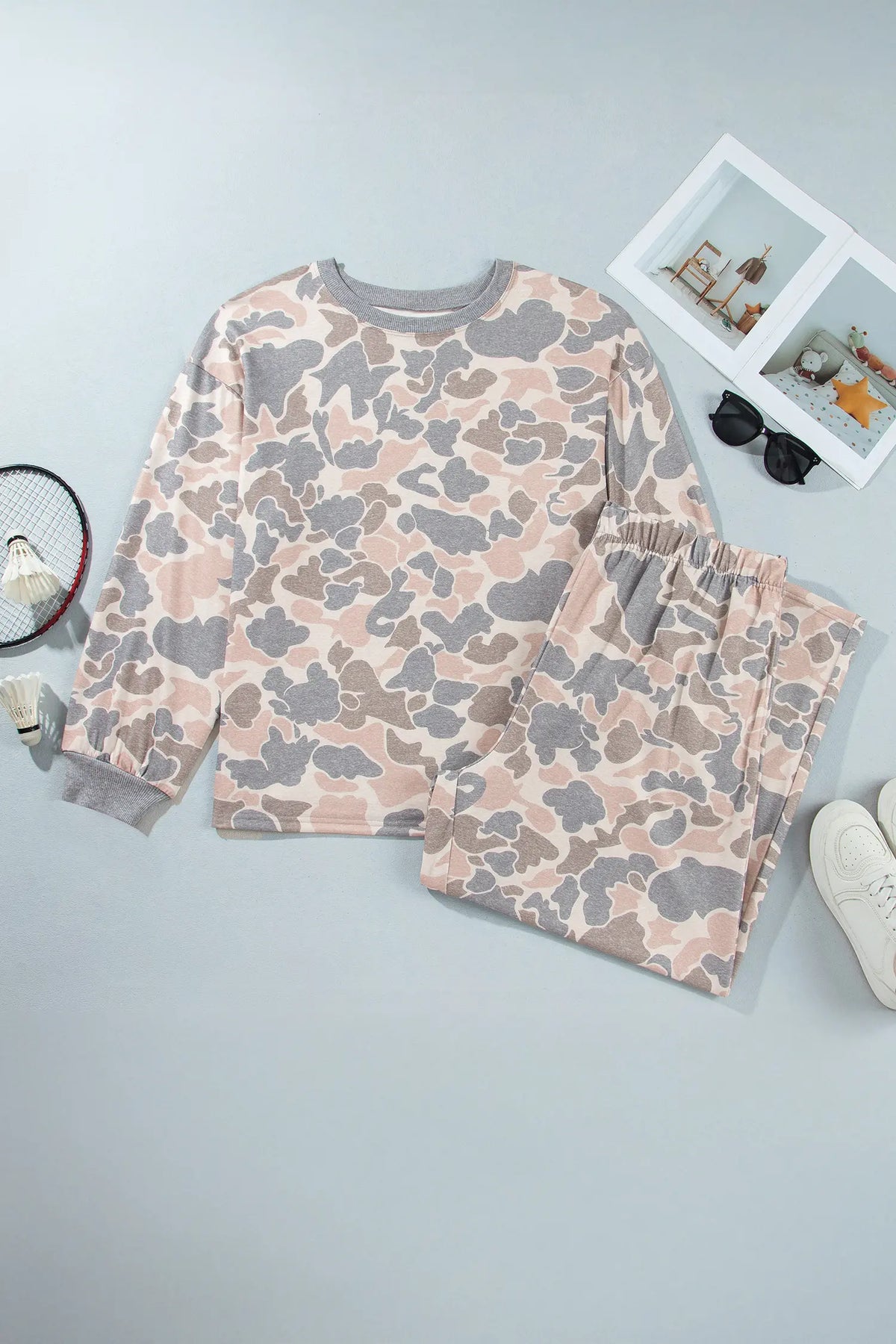 Camouflage Long Sleeve Round Neck Two-Piece Plus Size Set – Multicolour