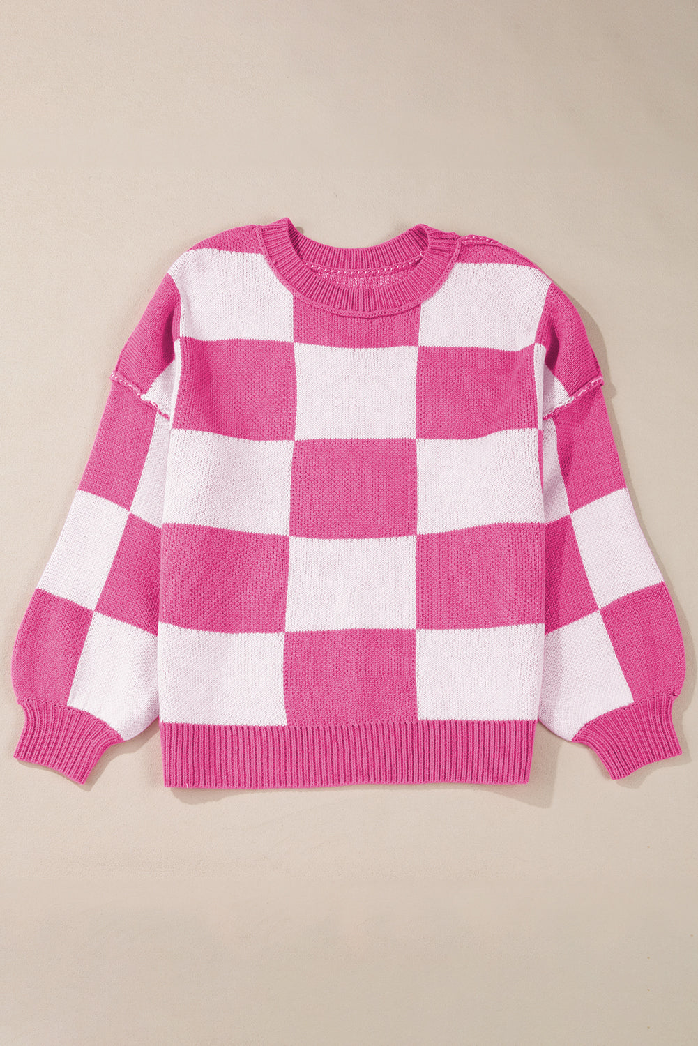 Checkered Bishop Sleeve Sweater – Rose, Pink, Green, Brown, Red & Black