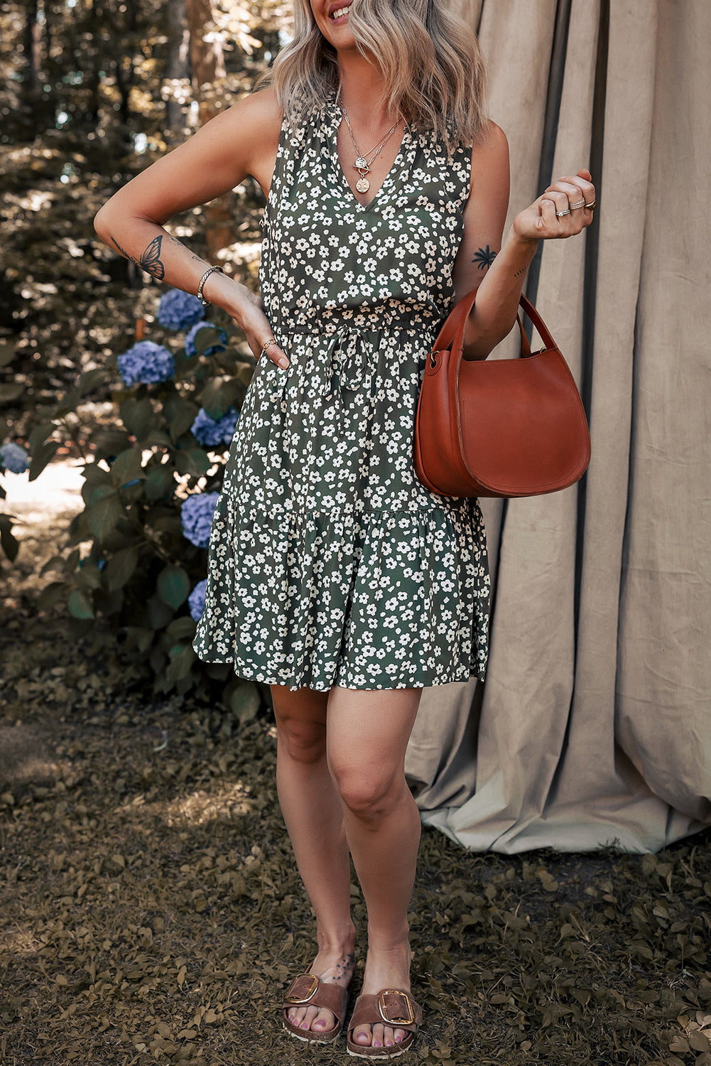Boho Floral Print V-Neck Knot Waist Sleeveless Dress