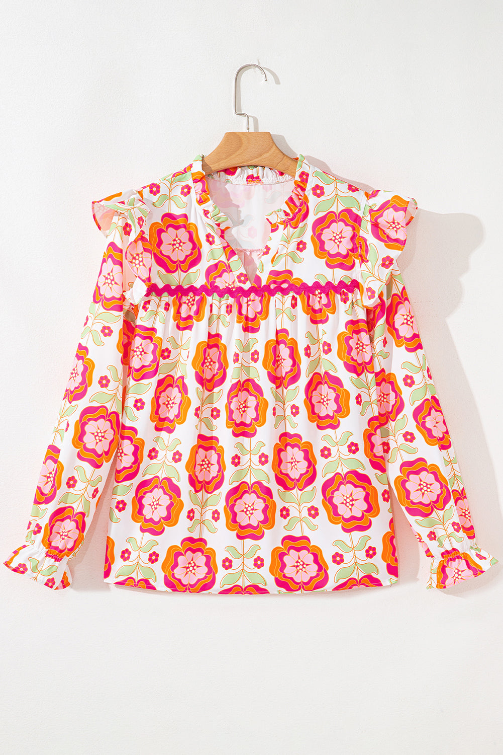 Rose Floral Printed Ruffled Long Sleeve Blouse - eAura