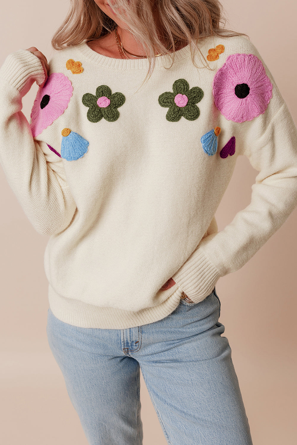 Light Blue Knitted Flower Pattern Ribbed Edge Sweater eAura