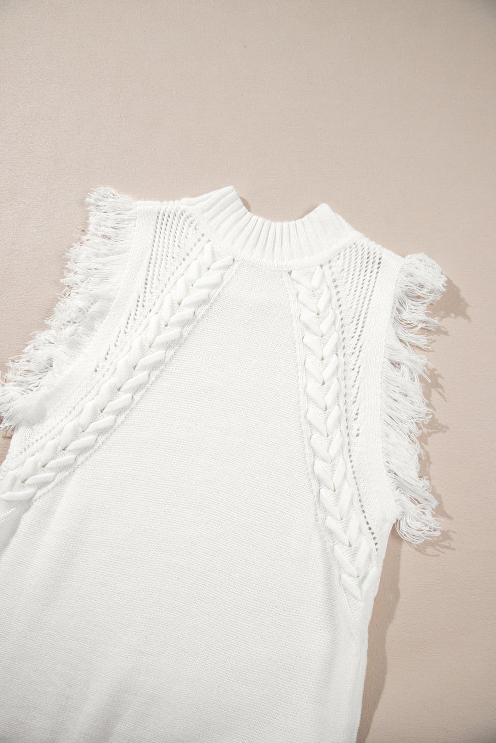 White Woven Tasseled Sleeveless Mock Neck Sweater Vest eAura