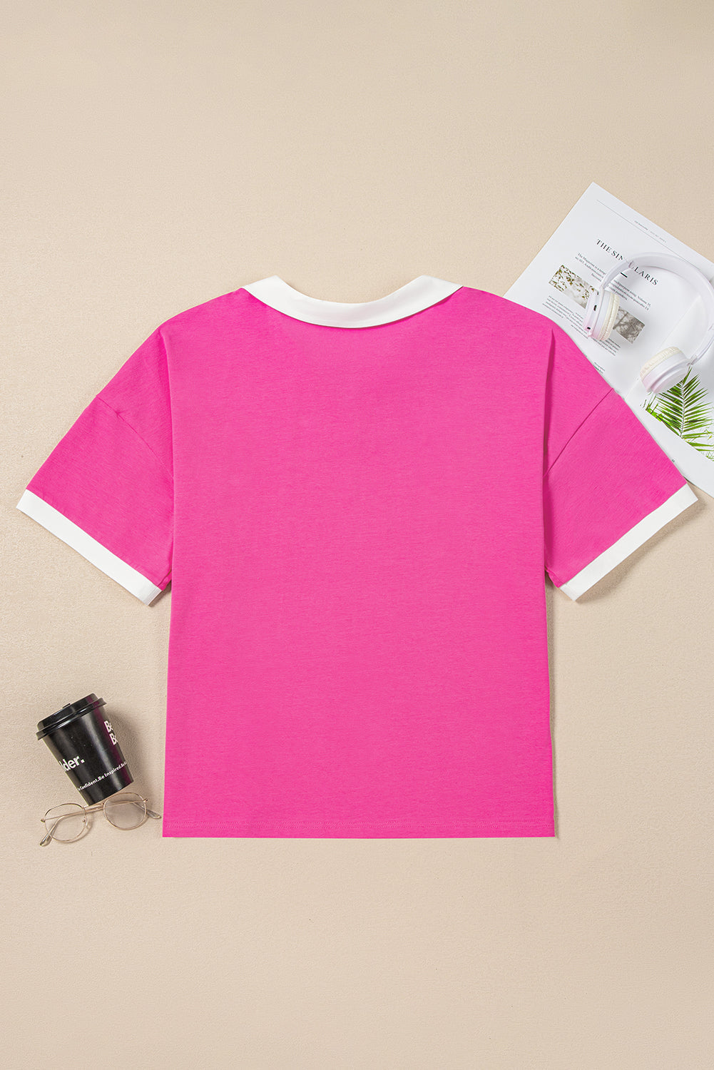 Pink Contrast Trim Collared Split Neck Short Sleeve Plus Size Top BB Fashion Outlet