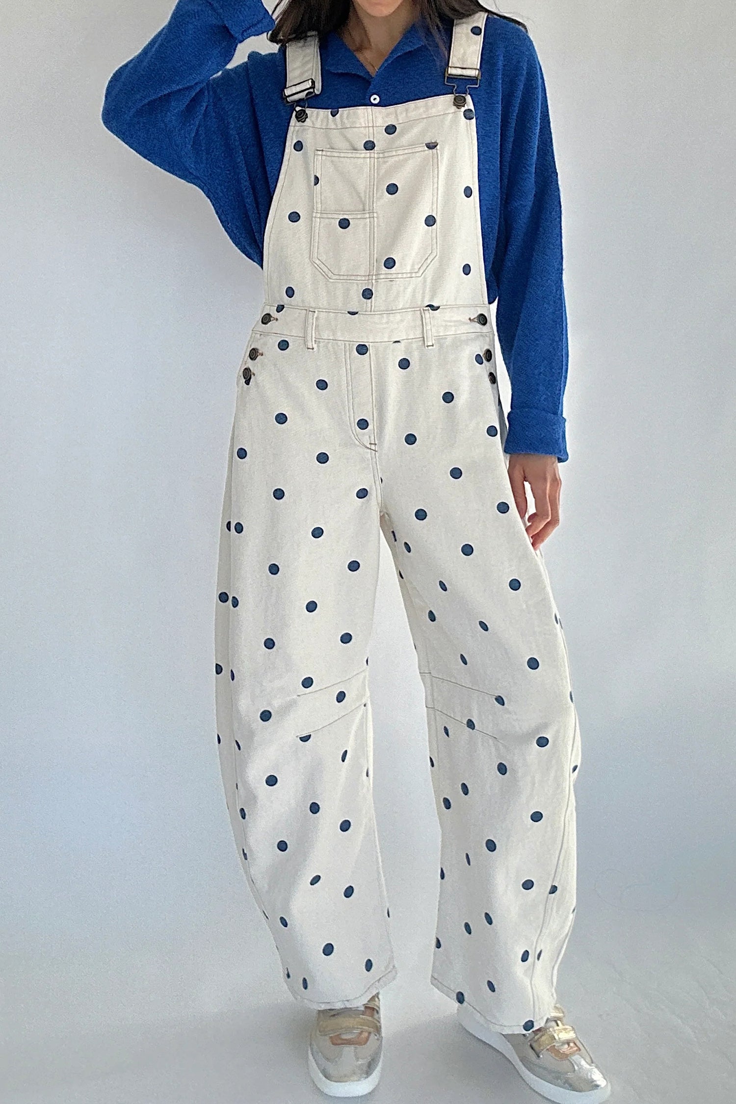 Polka Dot Print Bib Pocket Denim Barrel Dungarees Overalls