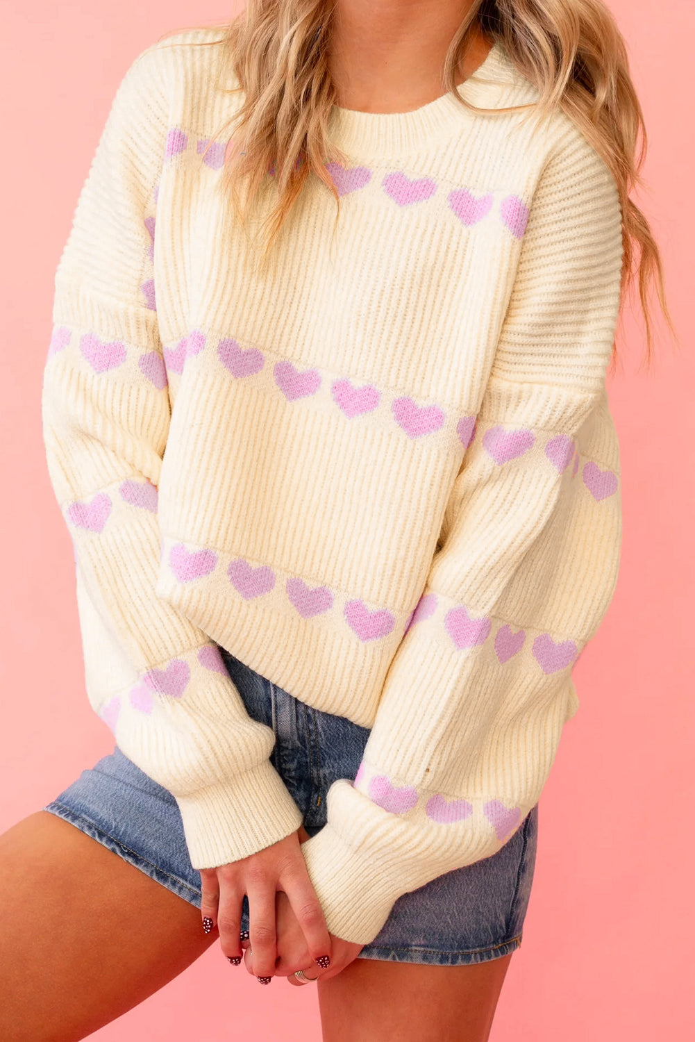 Heart Pattern Rib Knit Sweater - eAura