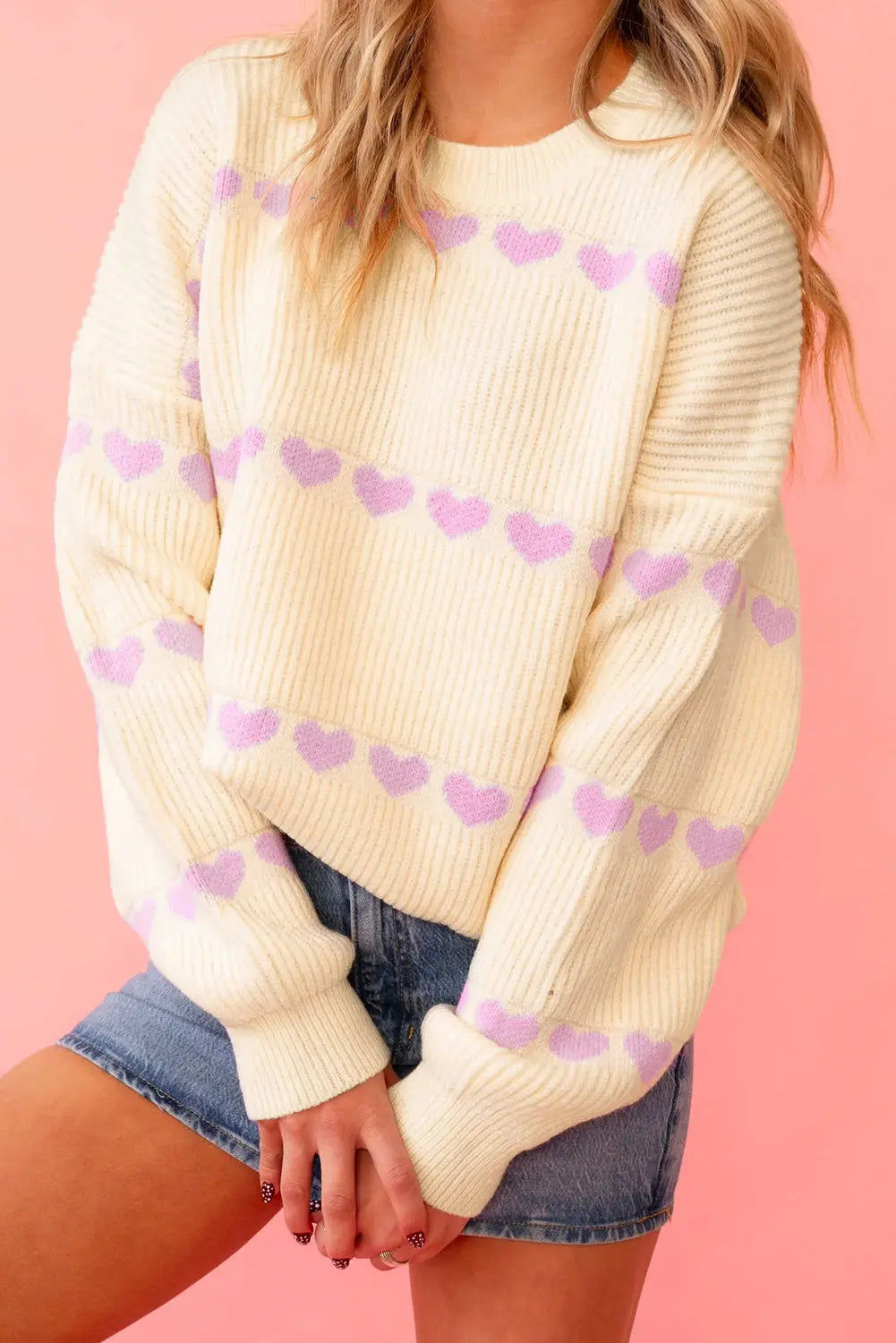 Heart Pattern Rib Knit Sweater - Sweaters & Cardigans/Sweaters