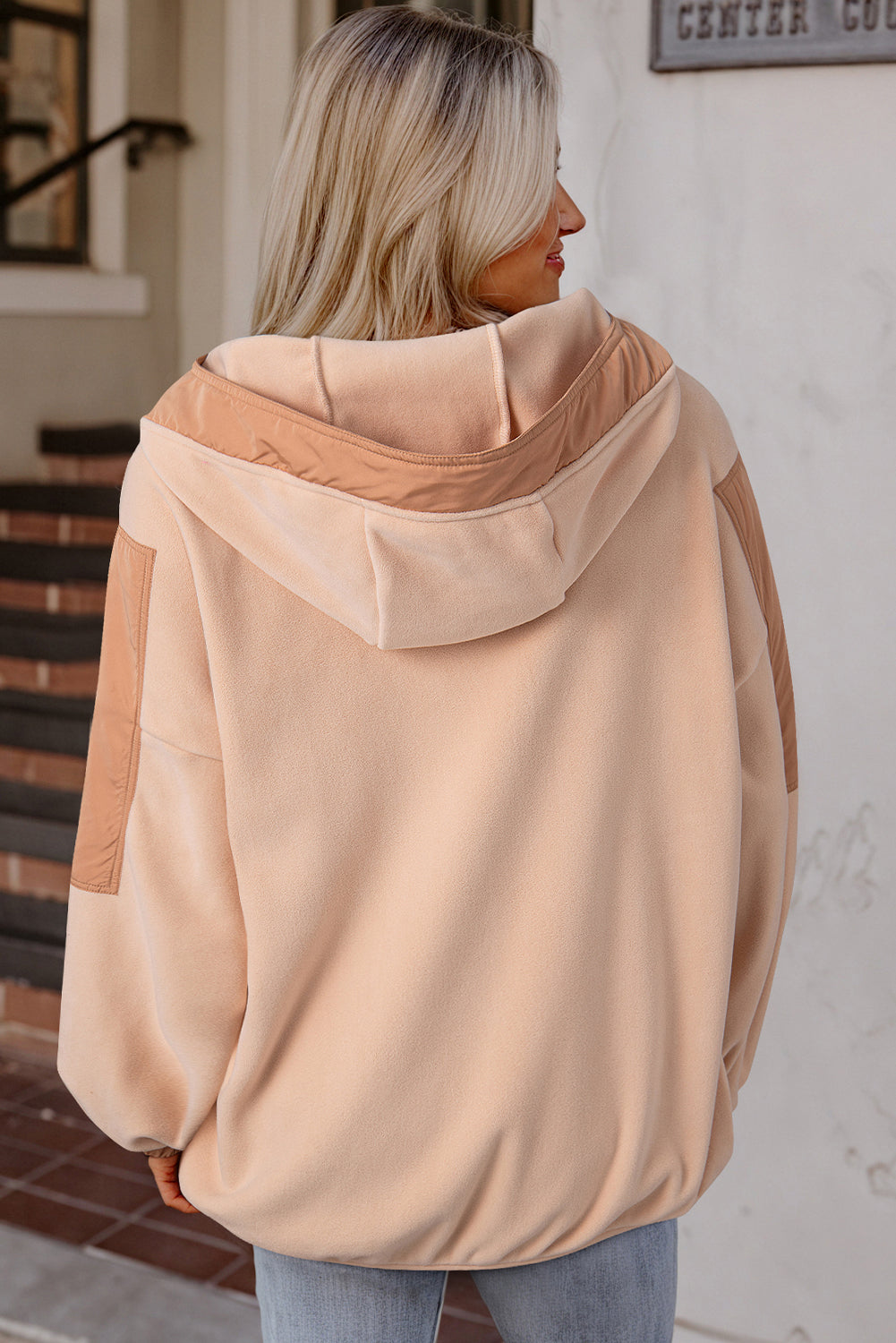 Light French Beige Colourblock Patchwork Half Zip Oversized Sherpa Hoodie eAura