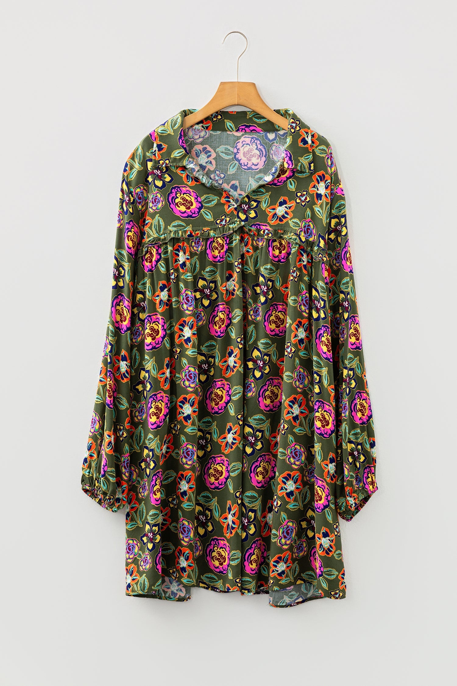 Plus Size Floral Print Collared V-Neck Loose Mini Dress - eAura