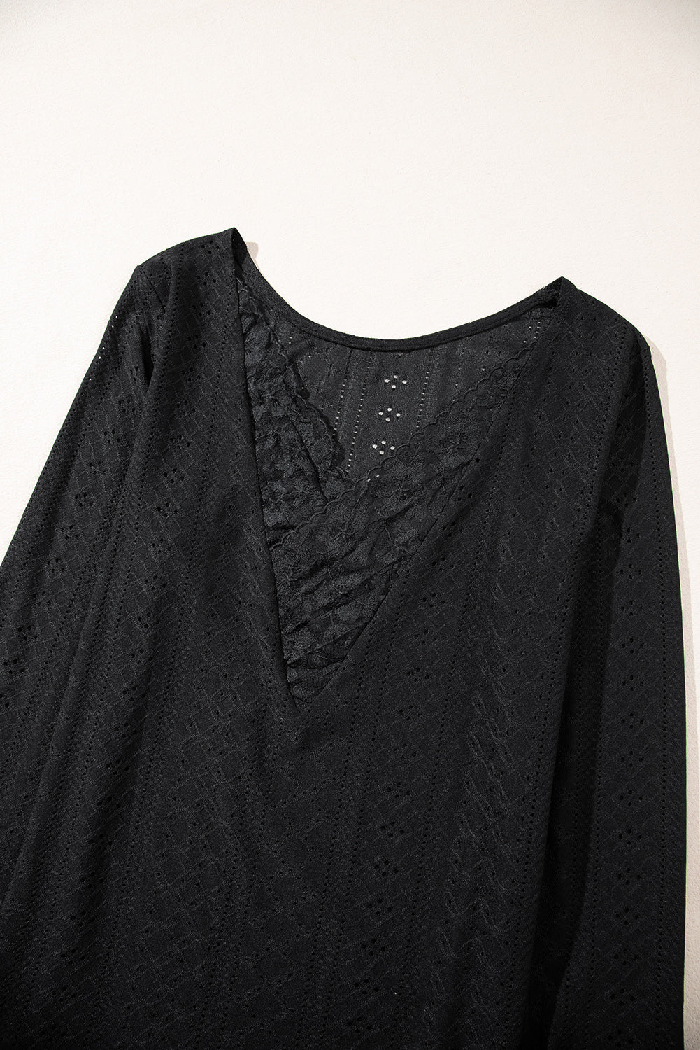 Black Floral Lace Splicing Eyelet Long Sleeve Top eAura
