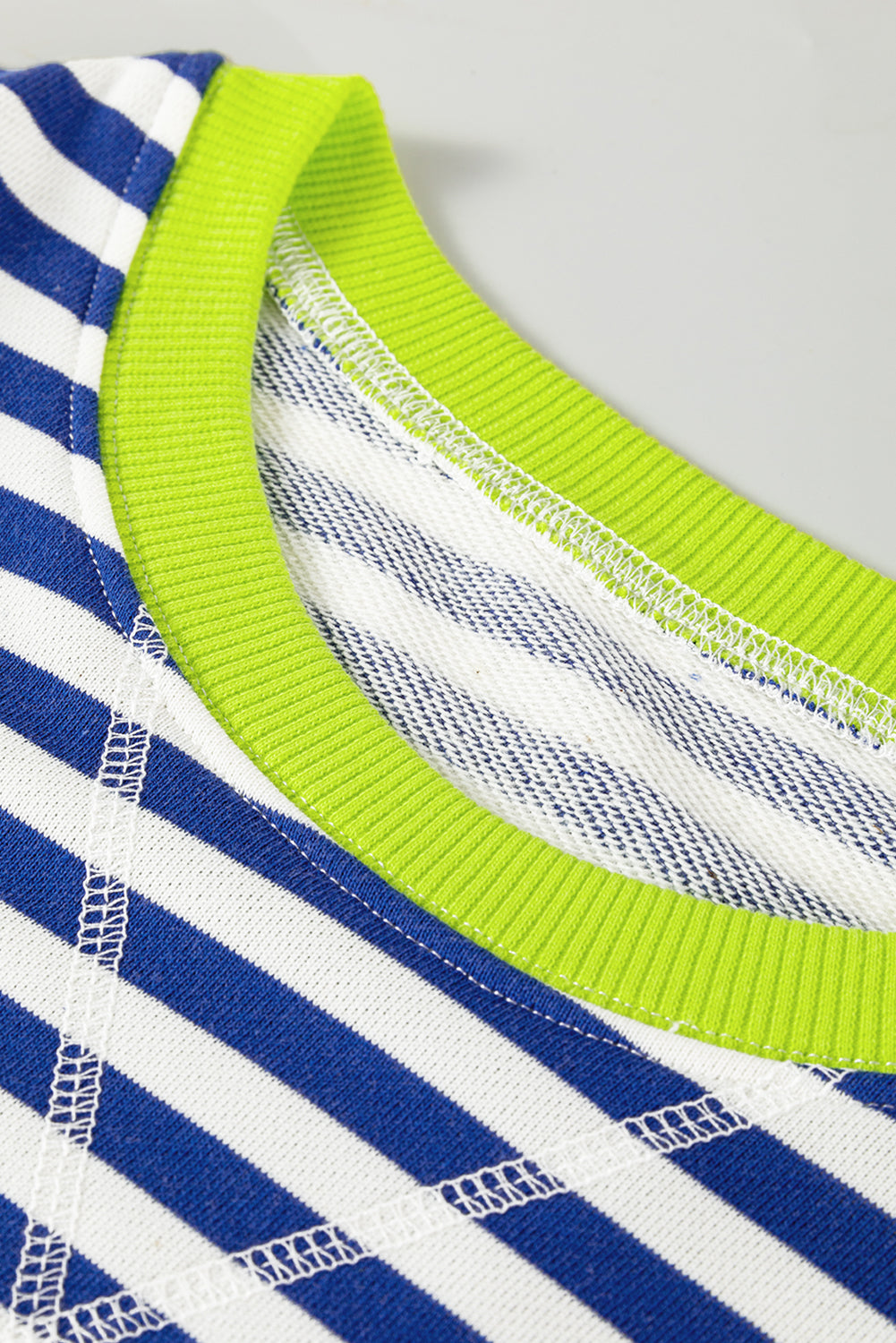 Striped Contrast Ribbed Trim Crossed Stitch Drop Shoulder Sweatshirt - eAura