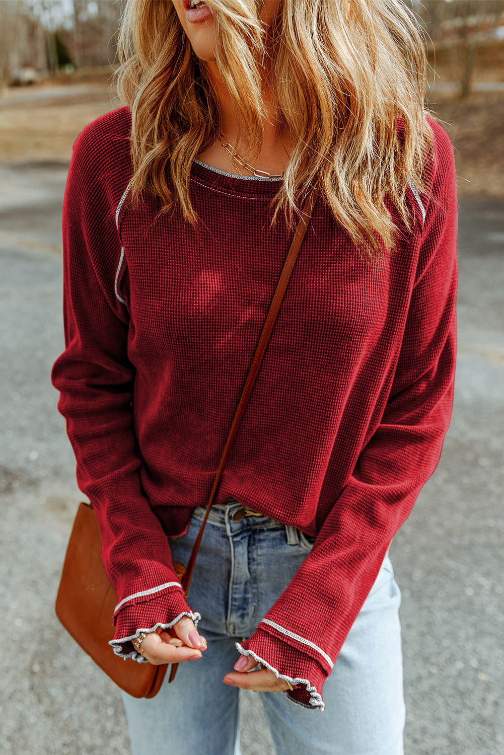 Fiery Red Textured Round Neck Long Sleeve Top eAura
