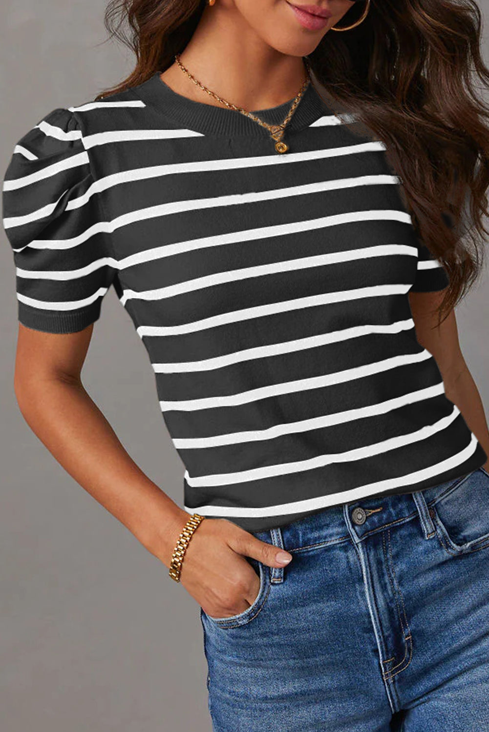 Ribbed Trim Round Neck Bubble Sleeve Knitted Top eAura