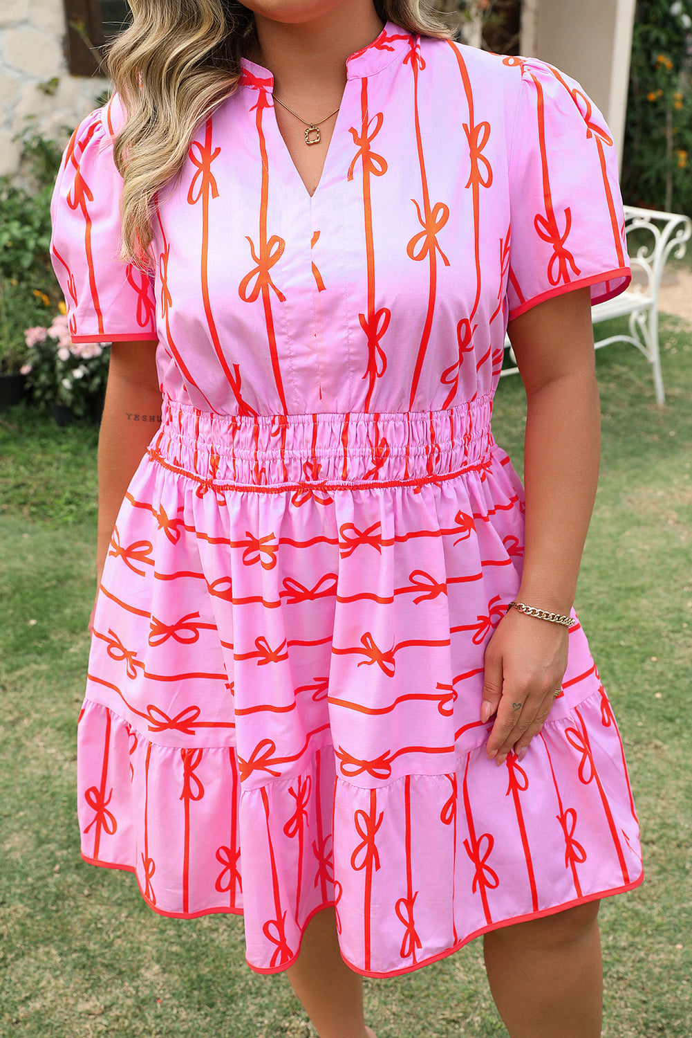 Rose Bow Tastic Clinched Waist Ruffled Plus Size Dress BB Fashion Outlet