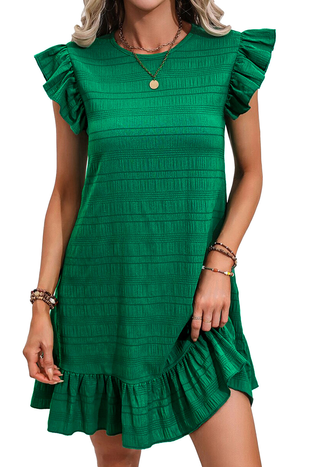 Textured Flutter Sleeve Ruffled Mini Dress eAura