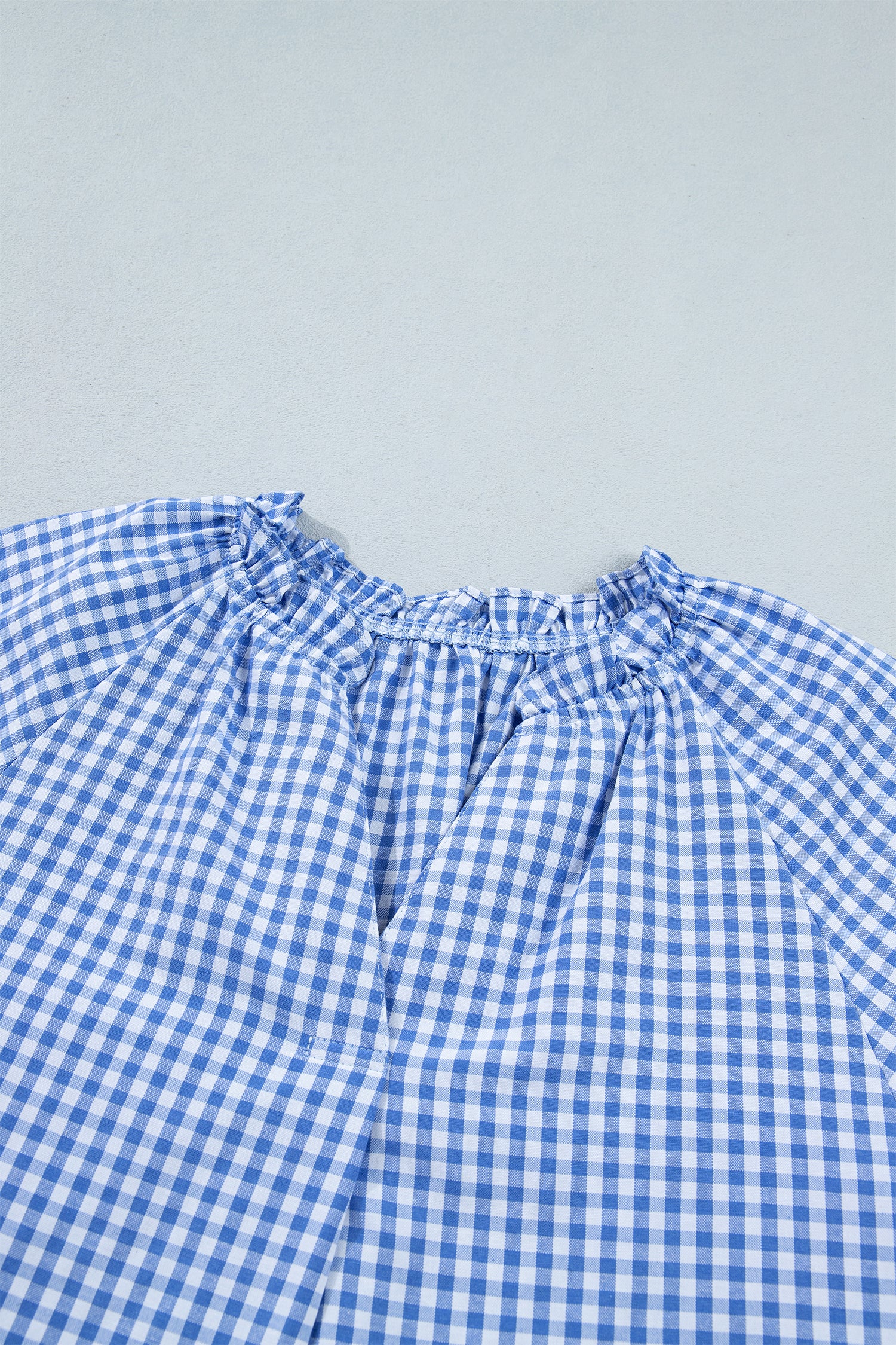 Sky Blue Summer Plaid V Neck Puff Sleeve Blouse – Light Blue