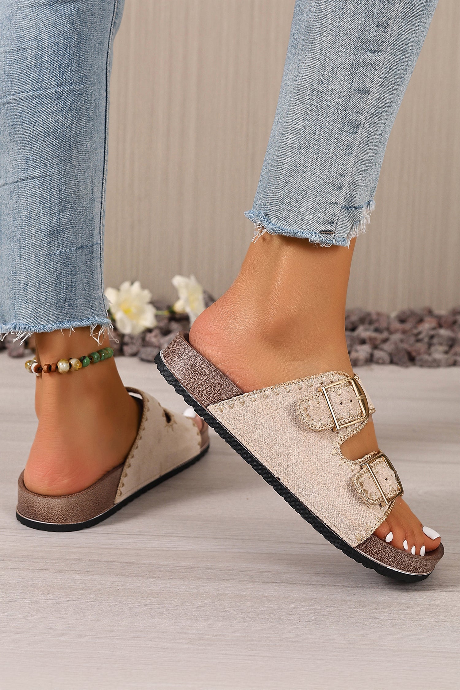 Embroidered Trim Retro Buckle Faux Suede Sandals
