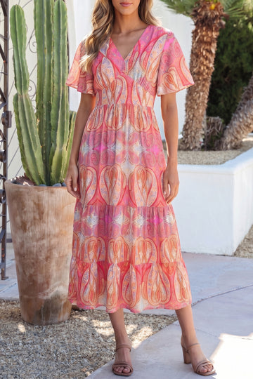 Paisley Print V-Neck Short Sleeve Boho Maxi Dress with Ruffle Details – Multicolour
