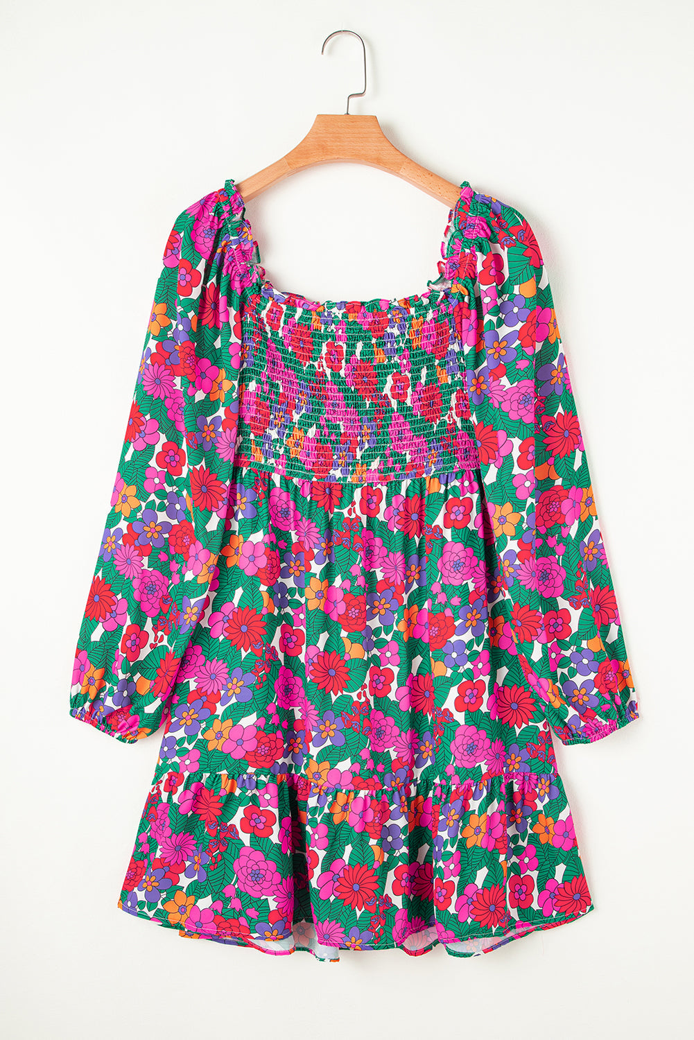 White Plus Size Floral Frilled Square Neck Shirred Long Sleeve Dress BB Fashion Outlet