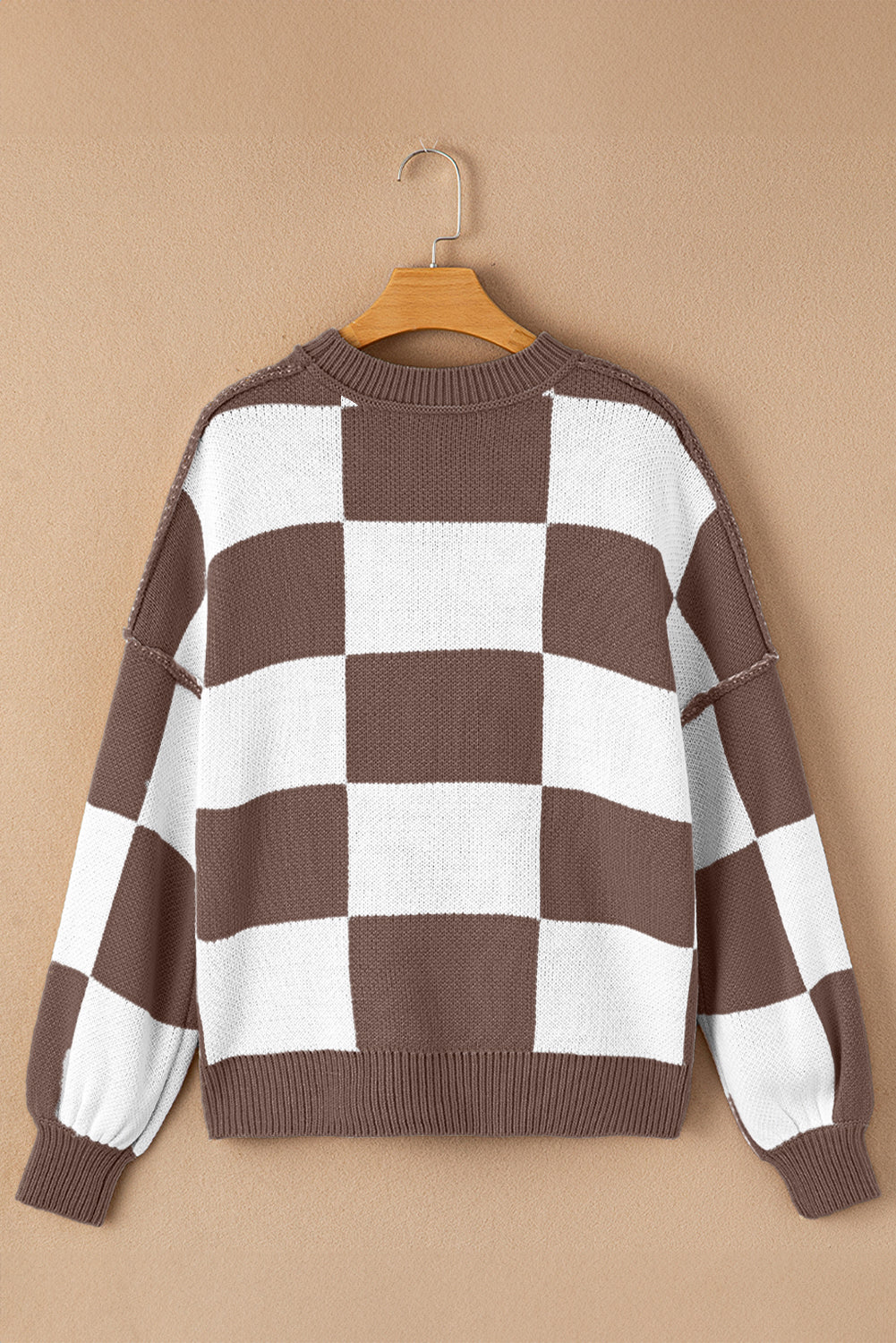 Checkered Bishop Sleeve Sweater – Rose, Pink, Green, Brown, Red & Black
