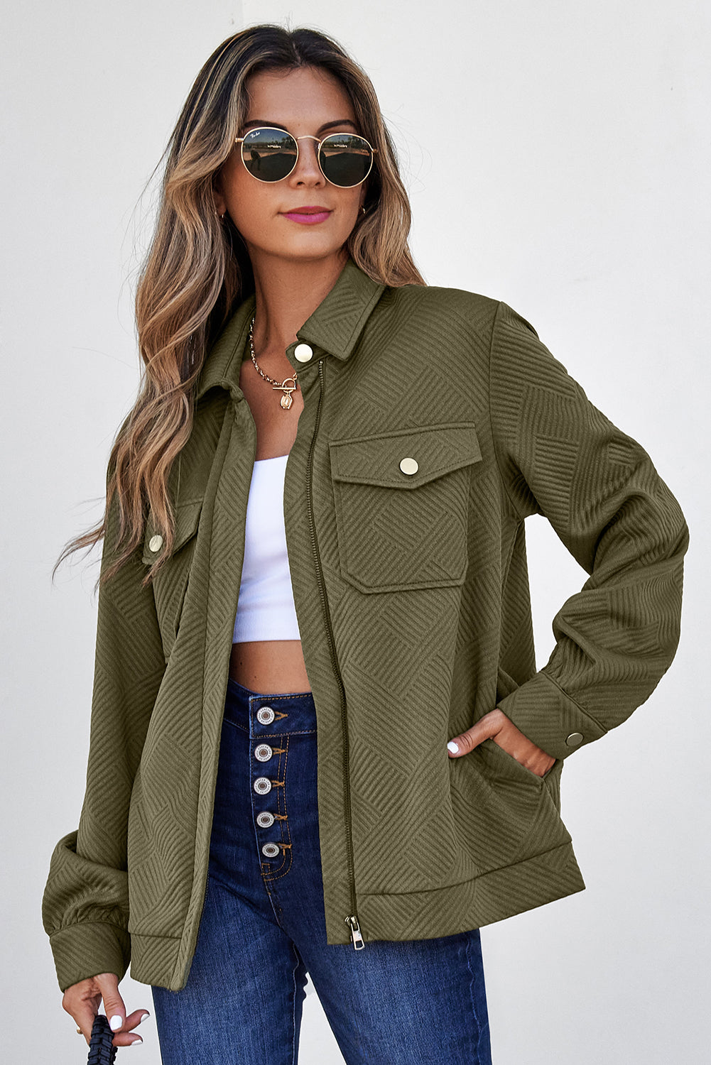 Solid Color Zip Up Button Flap Pocket Shirt Collar Jackets – Blackish Green