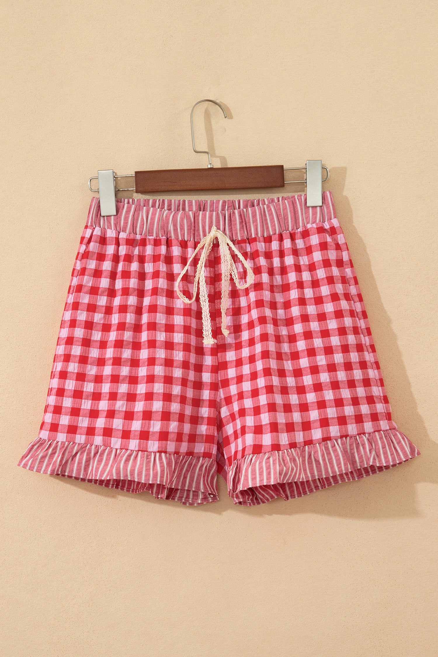 Gingham Ruffle Shorts with Lace Tie Waist