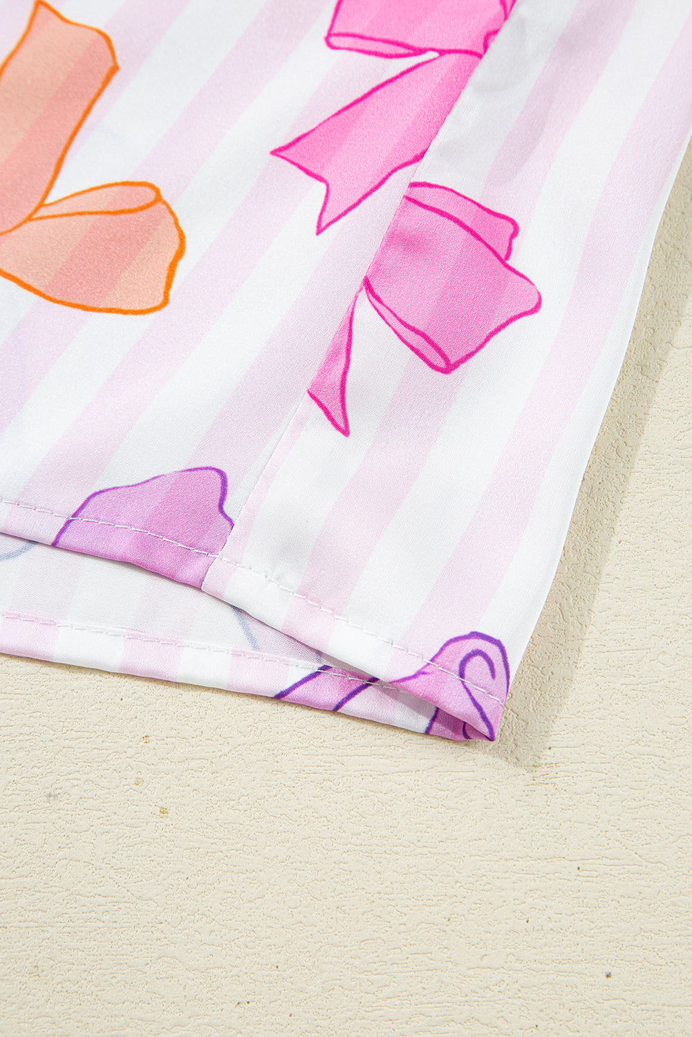 Pink Striped Bow Print Contrast Piping Trim Shirt and Bottoms Pyjama Set