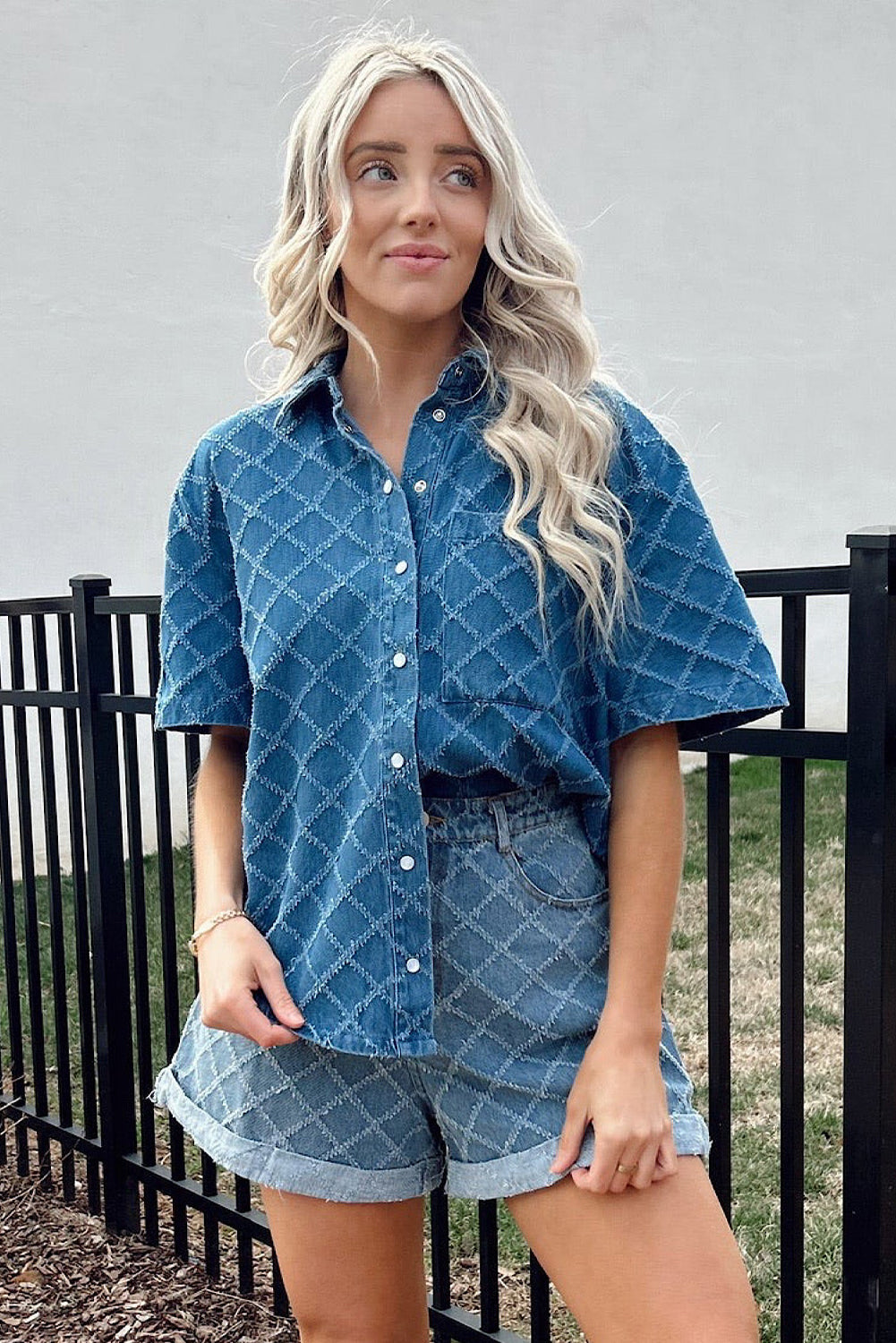 Dusk Blue Checkered Textured Short Sleeve Patched Pocket Denim Shirt eAura
