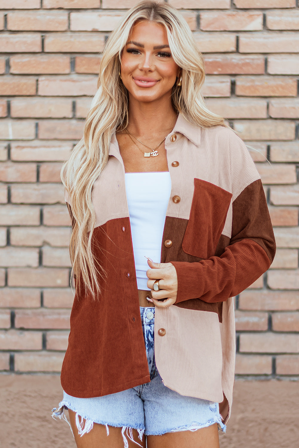 Cinnamon Colourblock Curved Hem Corduroy Shacket with Pocket Beagle Boutique Fashion Outlet