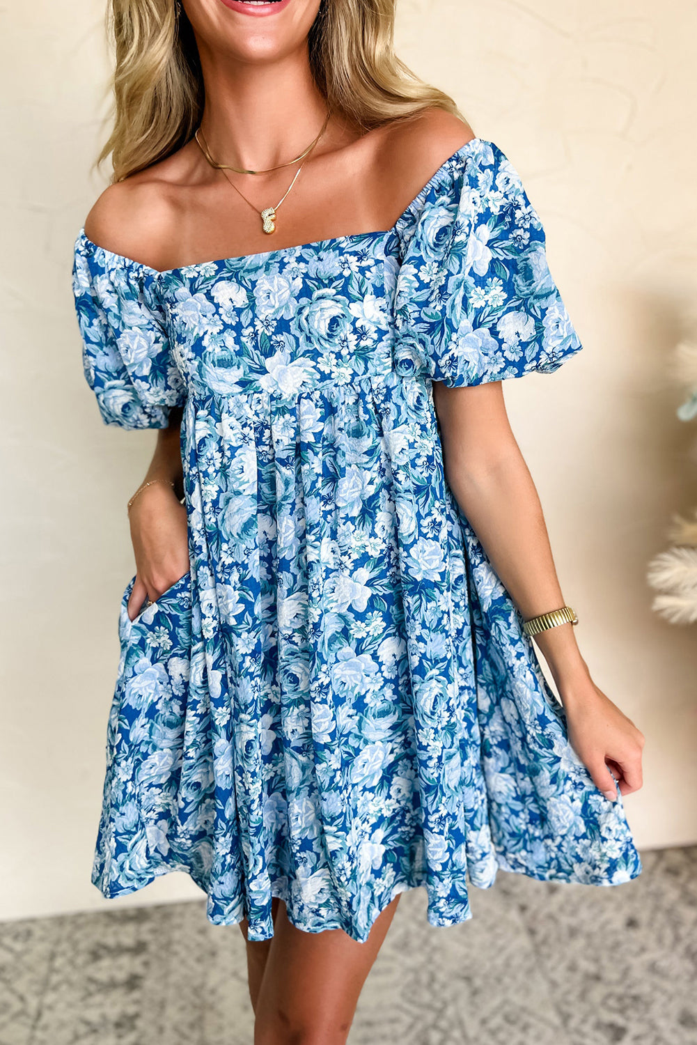 Blue Floral Puff Sleeve Babydoll Mini Dress eAura