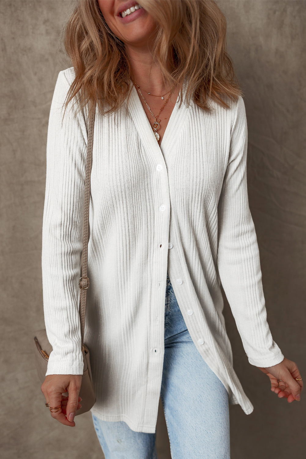 White Solid Colour Ribbed Button up Tunic Cardigan eAura