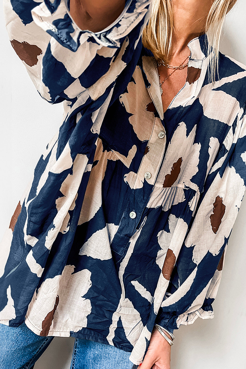 Sail Blue Abstract Floral Print Puff Sleeve Half Button Blouse eAura