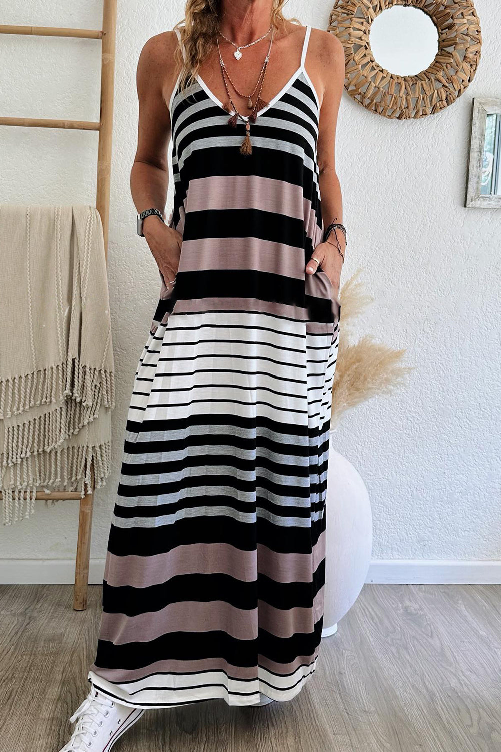 Multicolour Mixed Stripes Spaghetti Straps V Neck Maxi Dress eAura