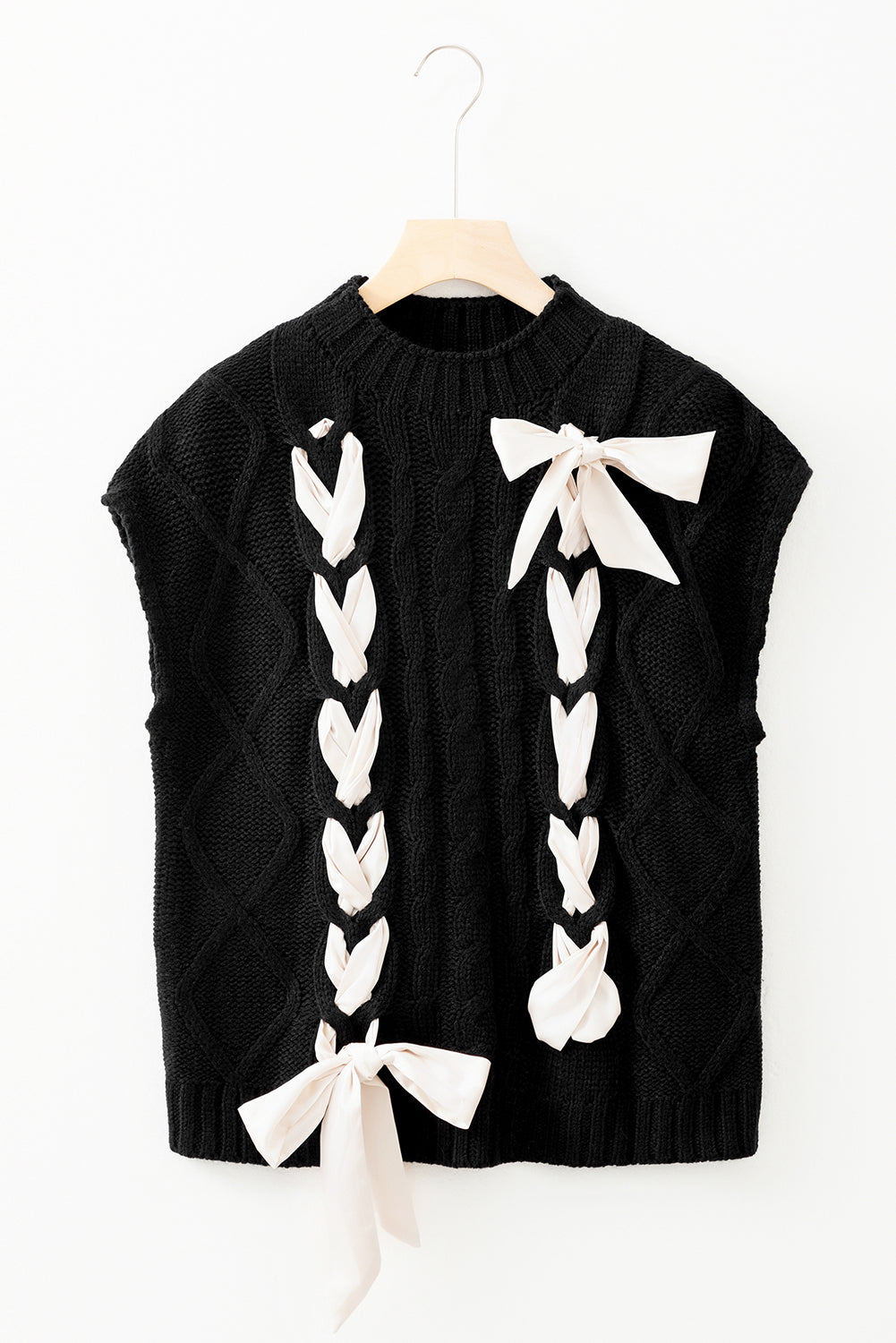Black Cable Knit Colourblock Satin Bowknot Short Sleeve Sweater eAura
