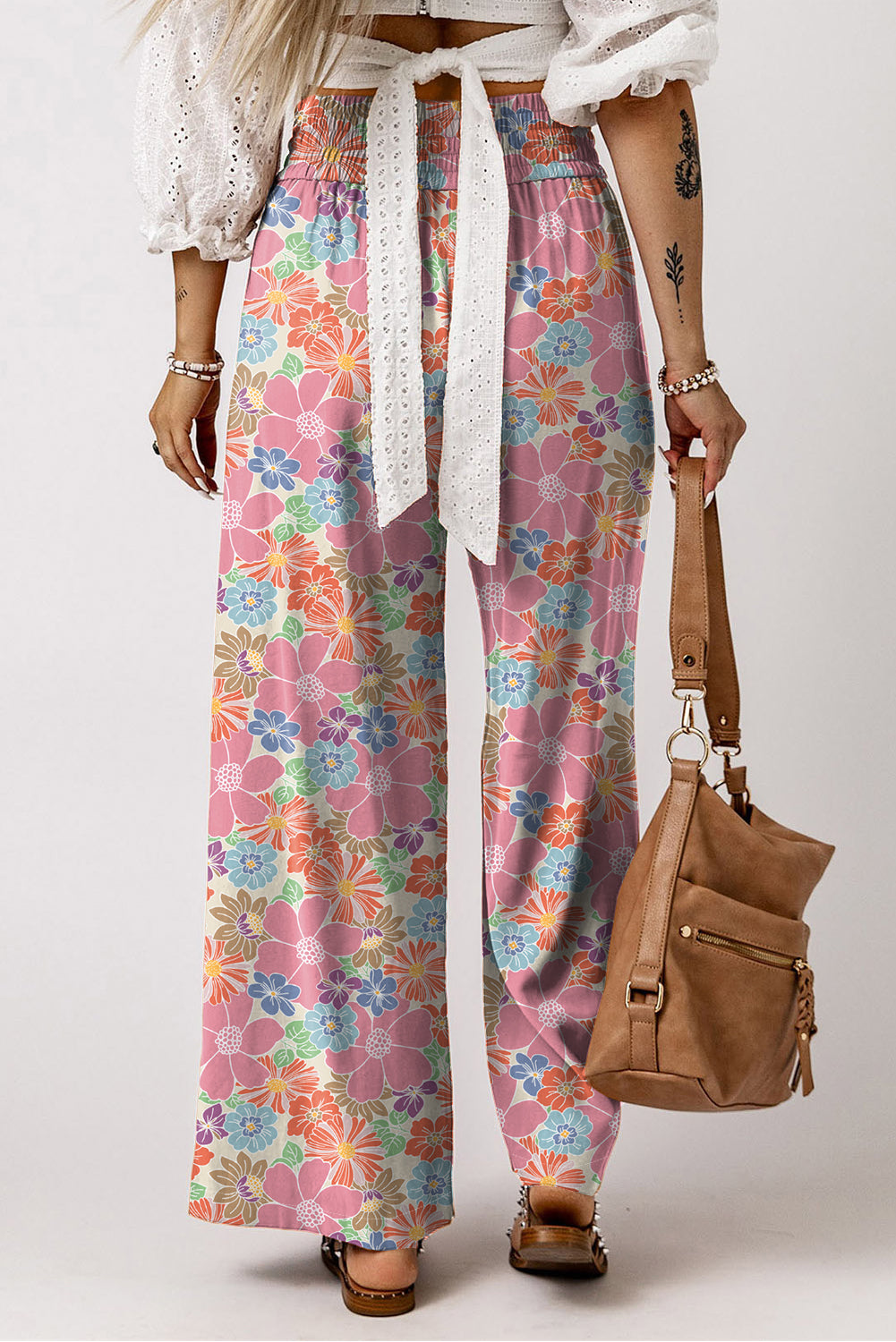 Pink Floral Smocked Waist Loose Trousers Beagle Boutique Fashion Outlet