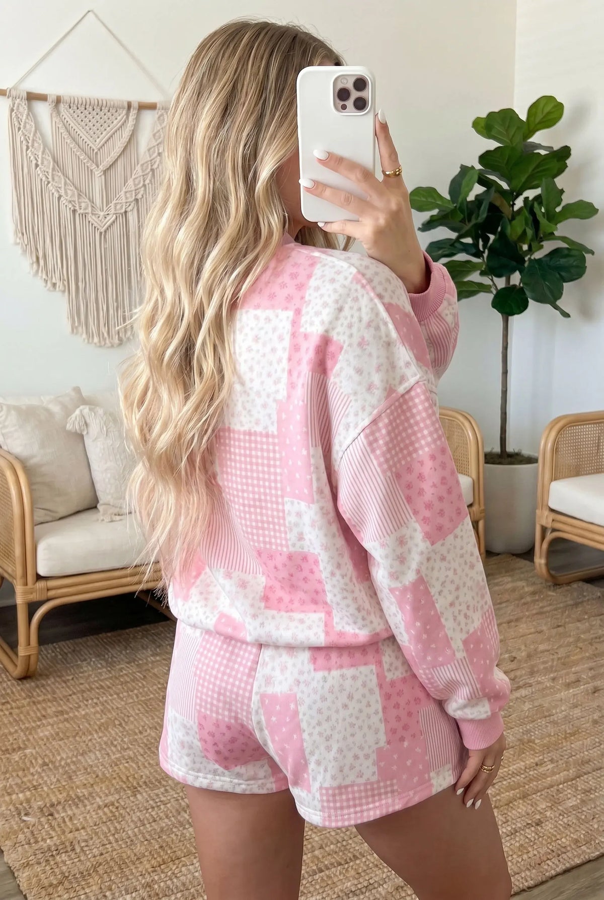 Sky Blue Patchwork Floral Print Drop Shoulder Baggy Pullover Drawstring Shorts Set – Light Blue